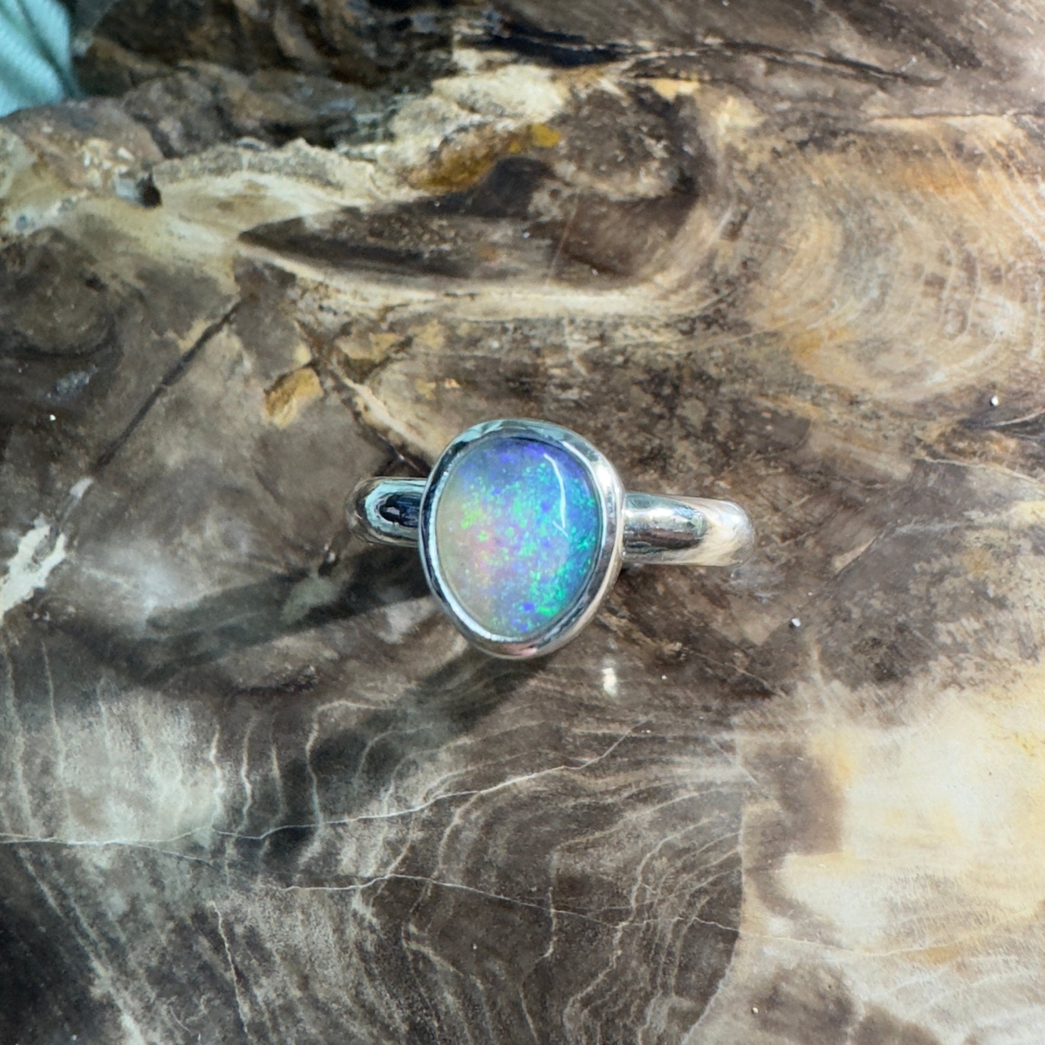 Daintree Canopy – 1.25ct Solid Lightning Ridge Crystal Opal 925 Sterling Silver Ring