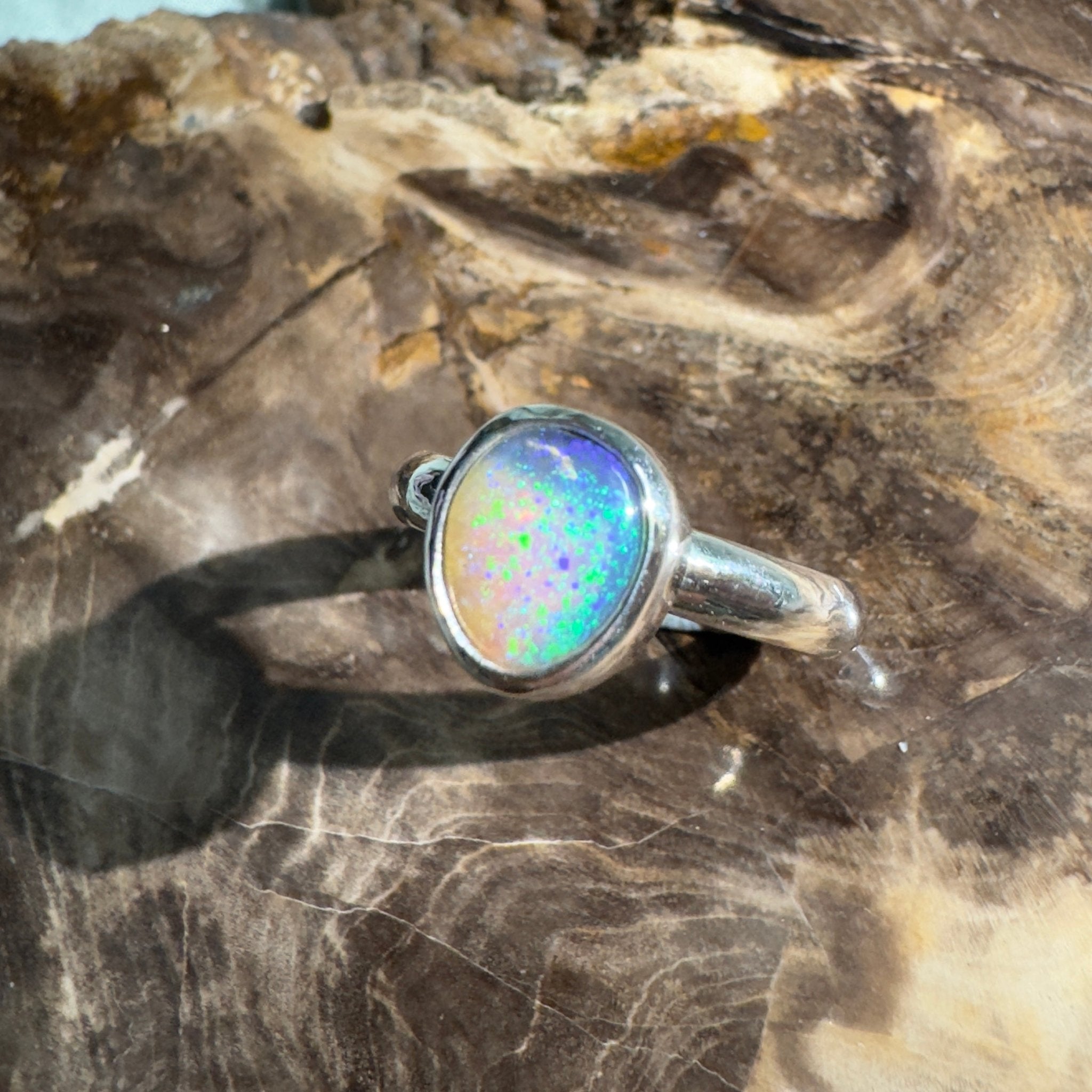Daintree Canopy – 1.25ct Solid Lightning Ridge Crystal Opal 925 Sterling Silver Ring