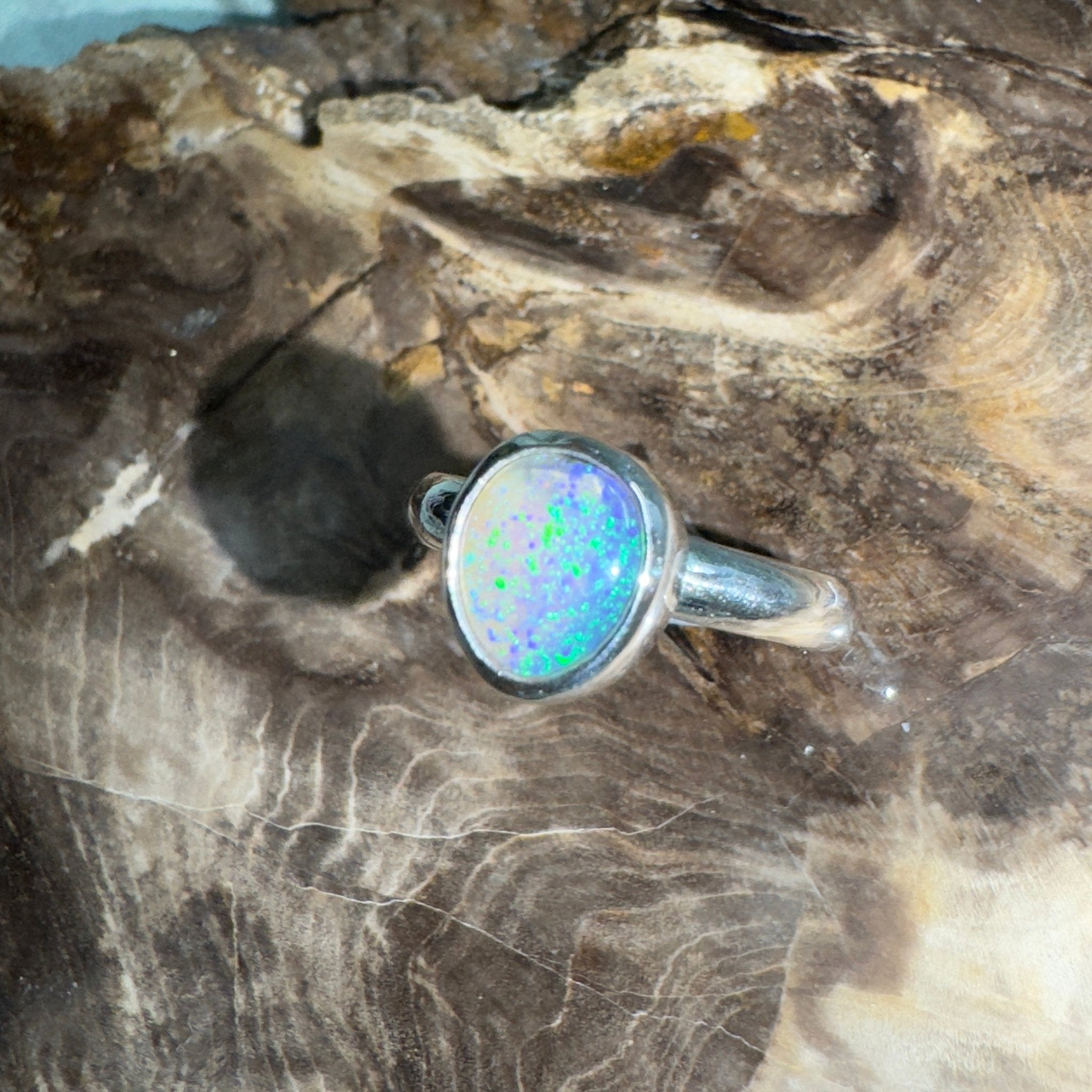 Daintree Canopy – 1.25ct Solid Lightning Ridge Crystal Opal 925 Sterling Silver Ring