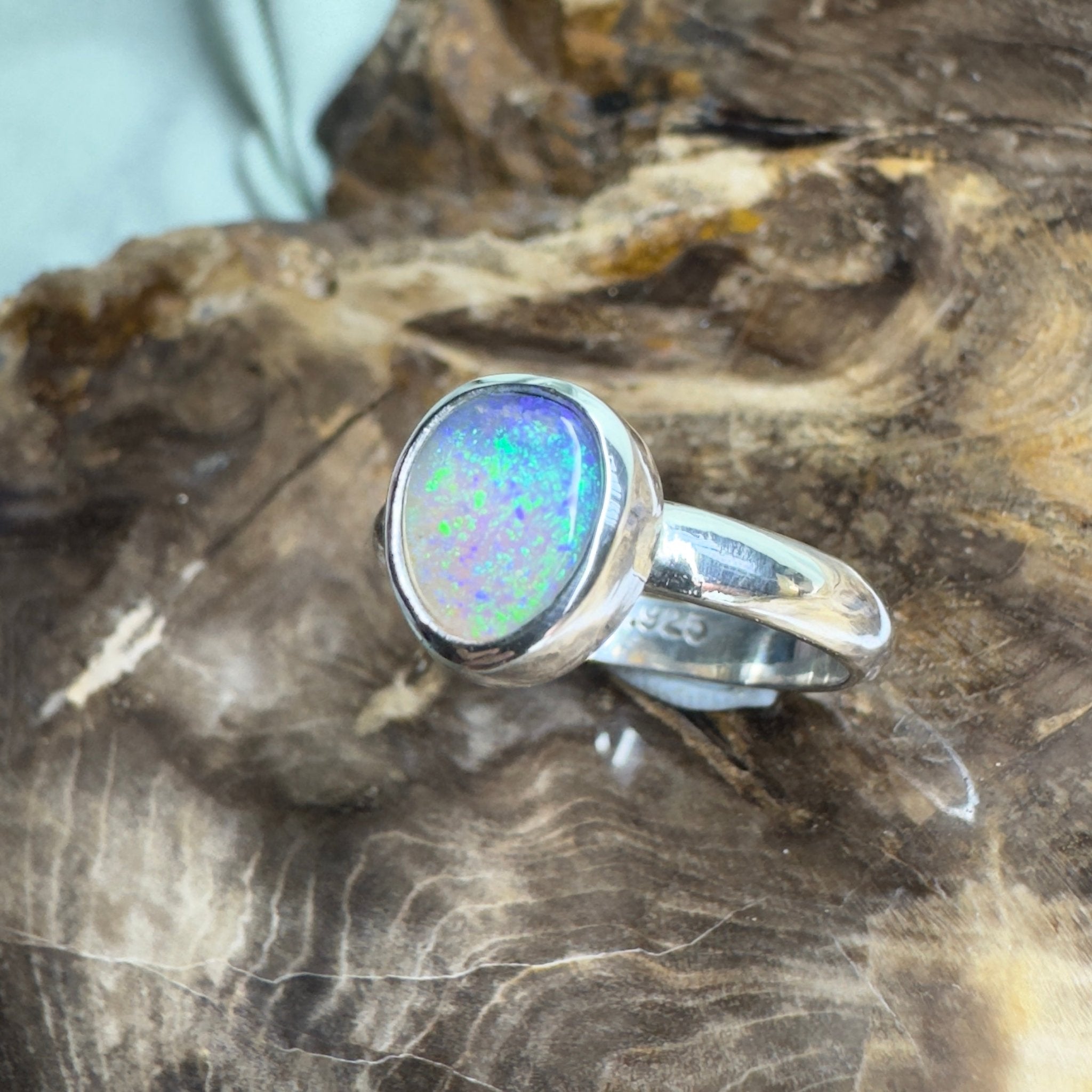Daintree Canopy – 1.25ct Solid Lightning Ridge Crystal Opal 925 Sterling Silver Ring