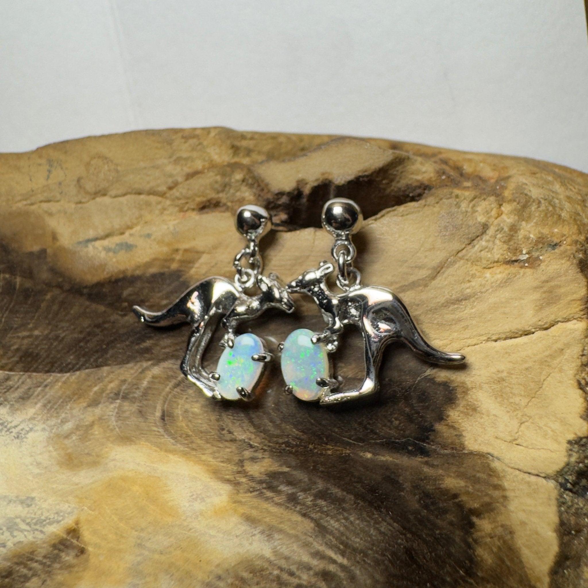 Daintree Dew Hop ~ 0.6ct Coober Pedy Opal Sterling Silver KangarooEarrings