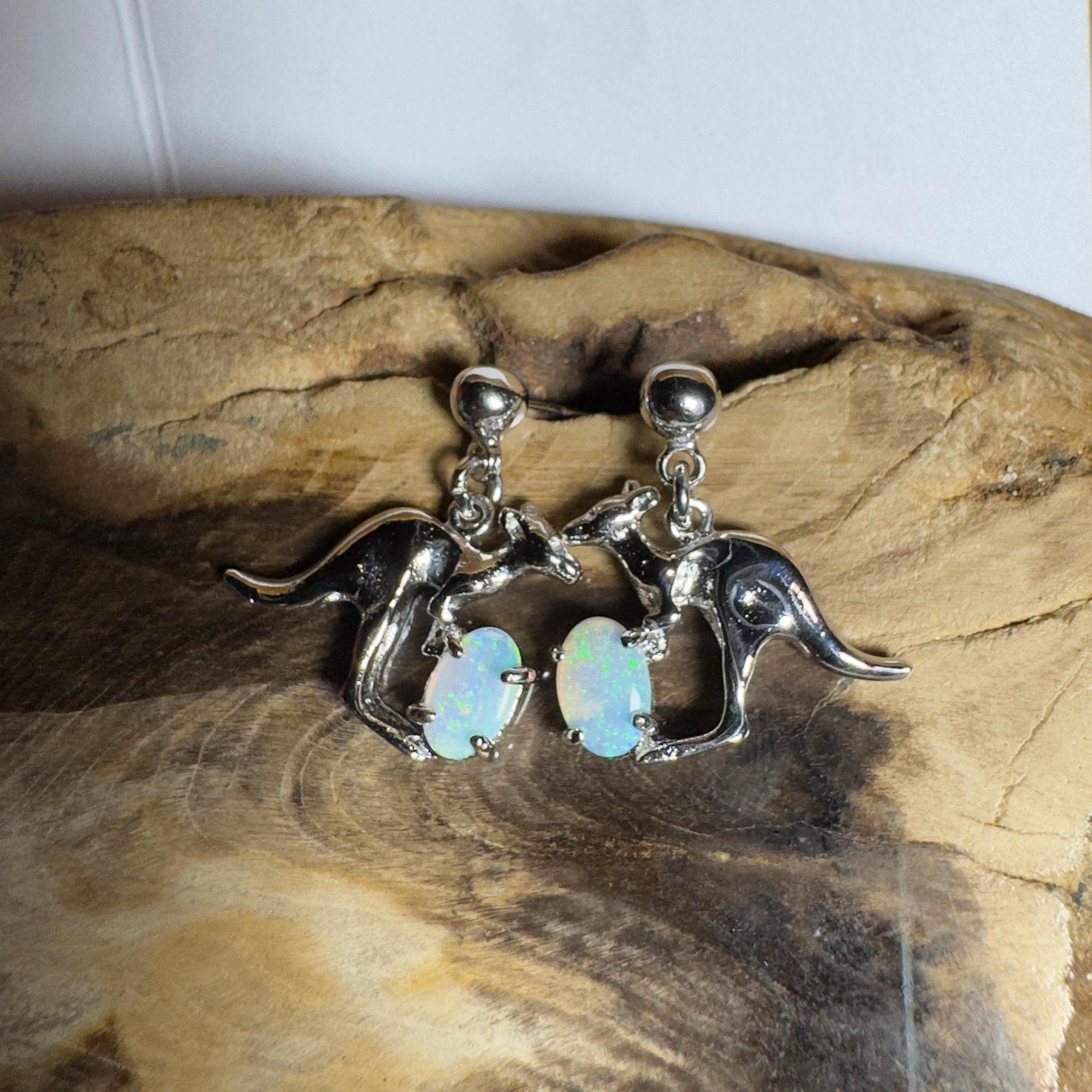 Daintree Dew Hop ~ 0.6ct Coober Pedy Opal Sterling Silver KangarooEarrings