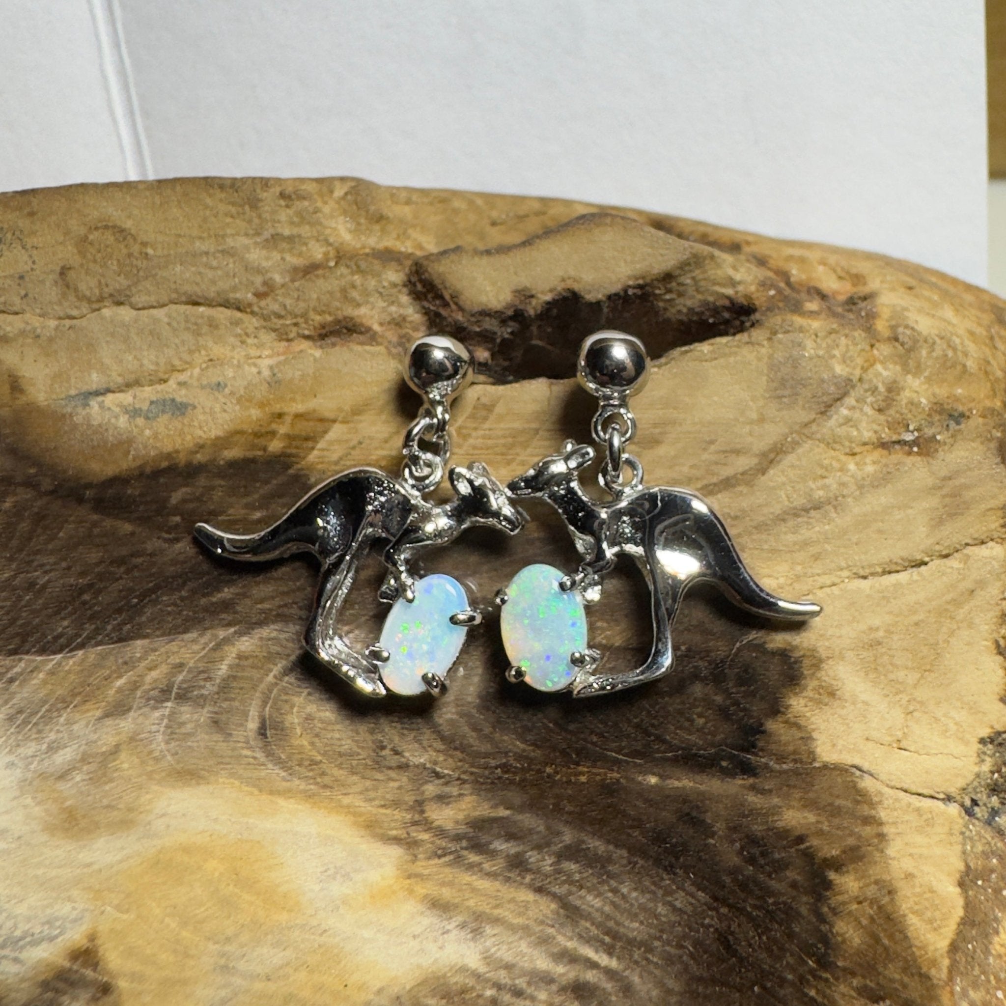 Daintree Dew Hop ~ 0.6ct Coober Pedy Opal Sterling Silver KangarooEarrings