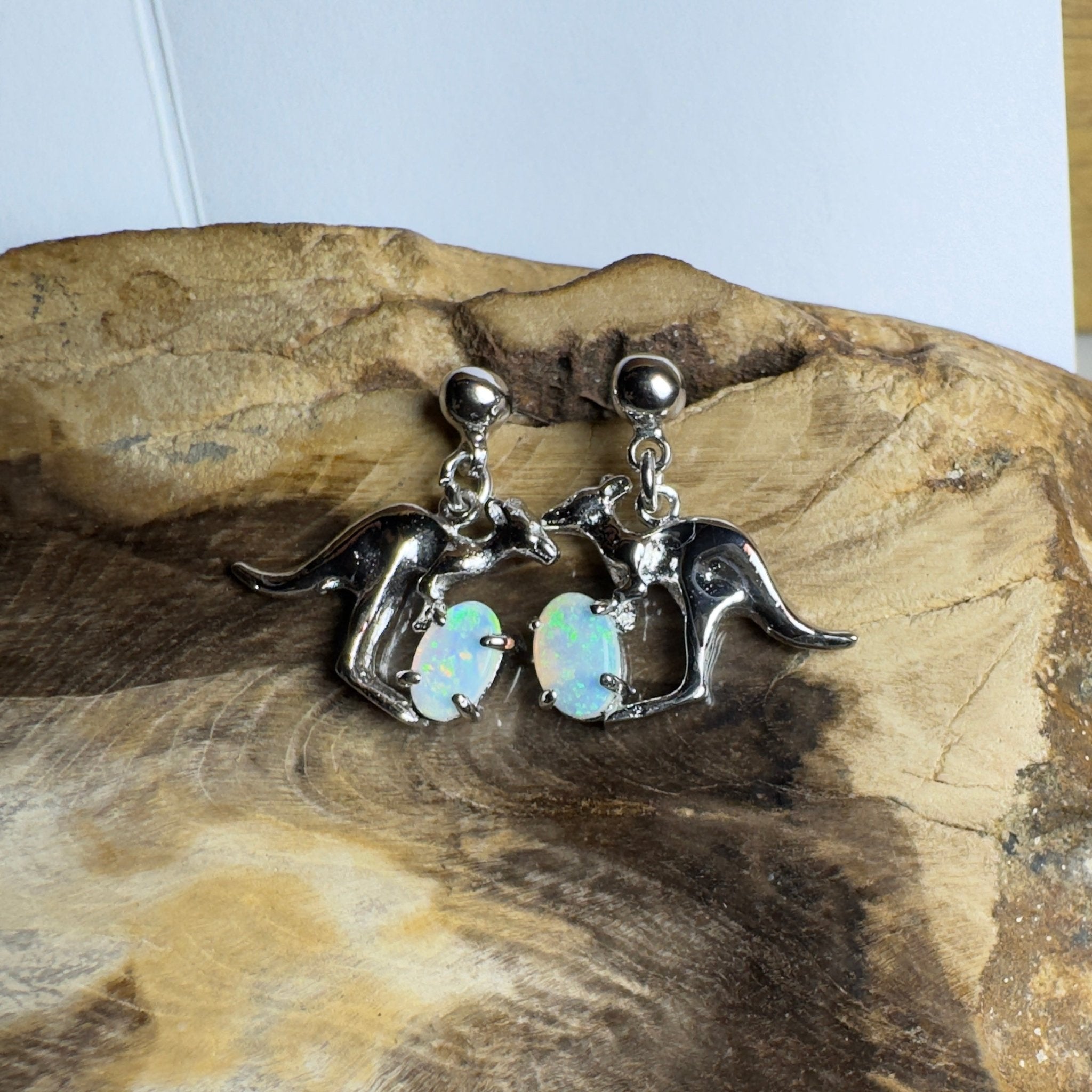 Daintree Dew Hop ~ 0.6ct Coober Pedy Opal Sterling Silver KangarooEarrings