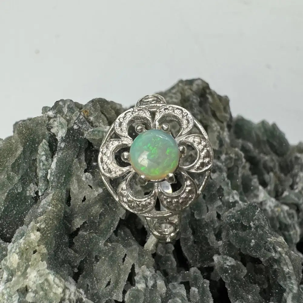 Silver ring with round Lightning Ridge opal in handcrafted Daintree Jewel collection