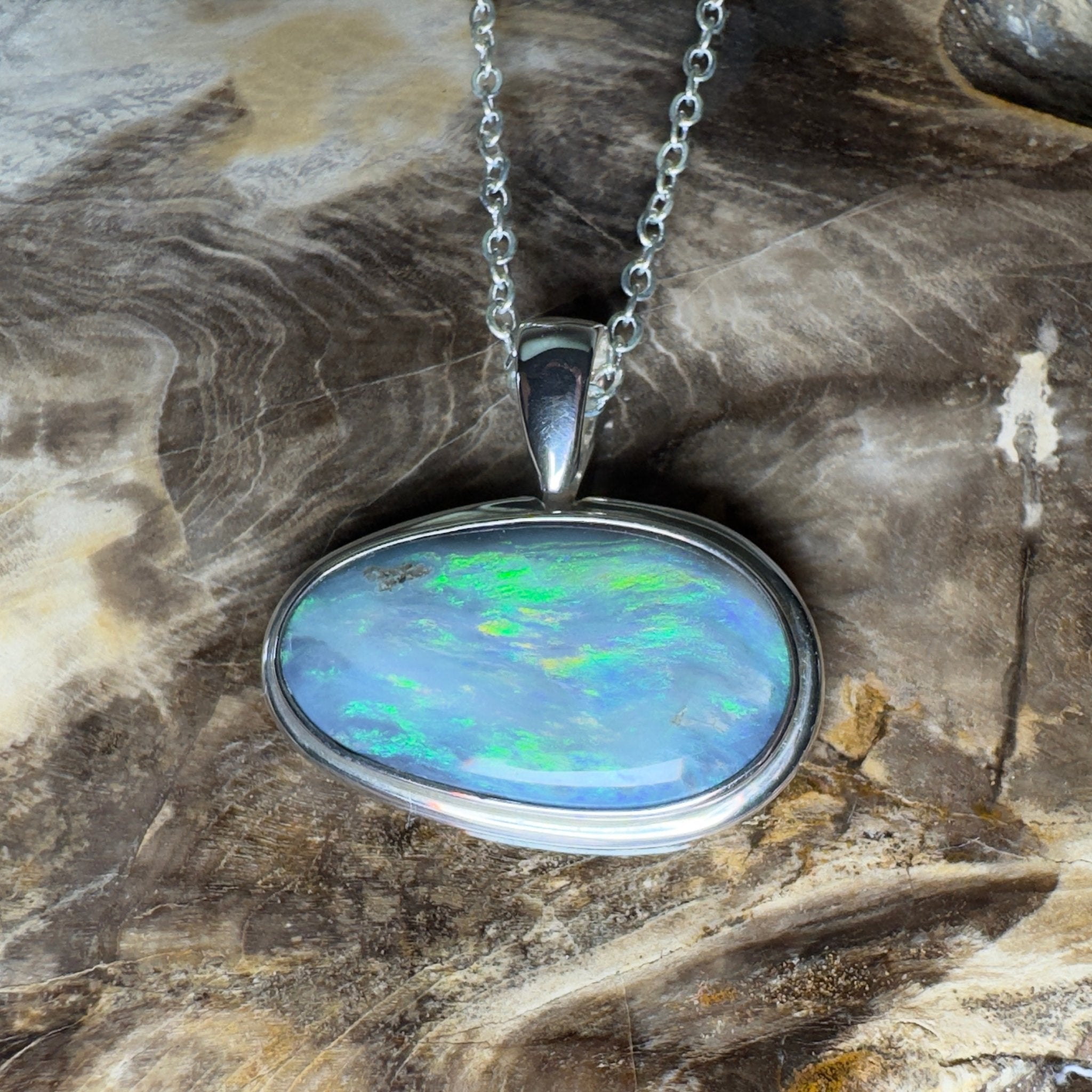 Deepwater Current ~ 9.6ct Lightning Ridge Semi Black Opal 925 Silver Pendant