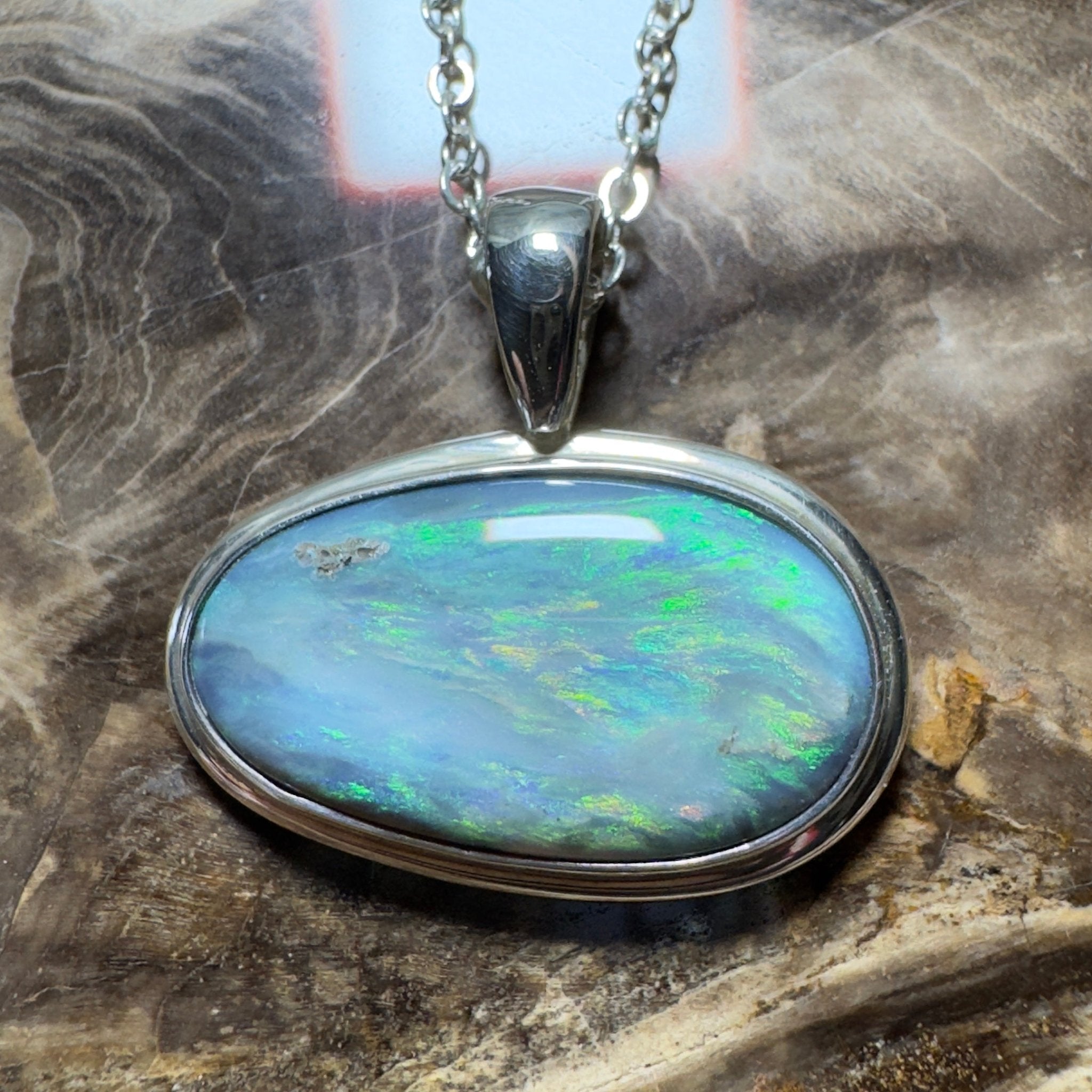 Deepwater Current ~ 9.6ct Lightning Ridge Semi Black Opal 925 Silver Pendant