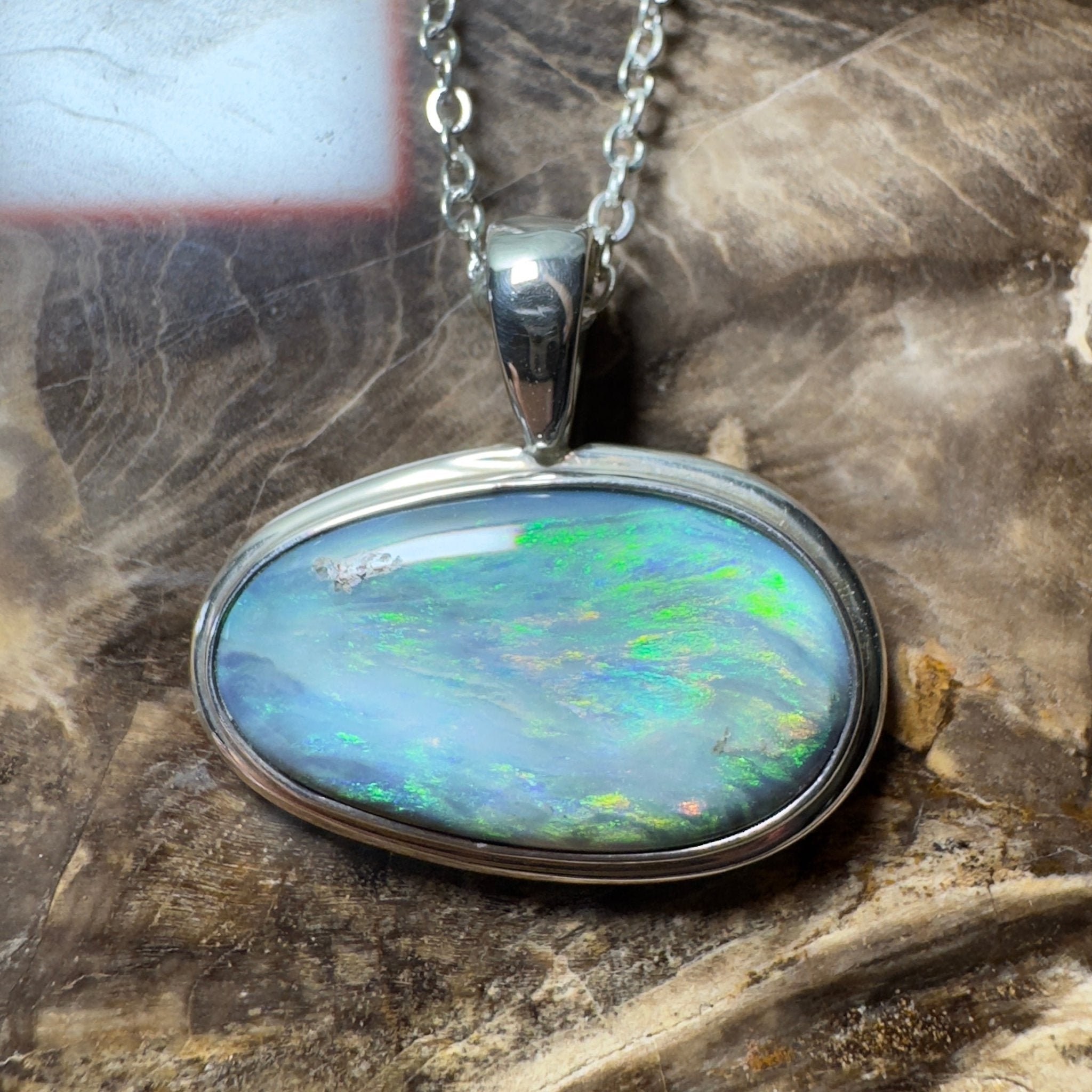 Deepwater Current ~ 9.6ct Lightning Ridge Semi Black Opal 925 Silver Pendant