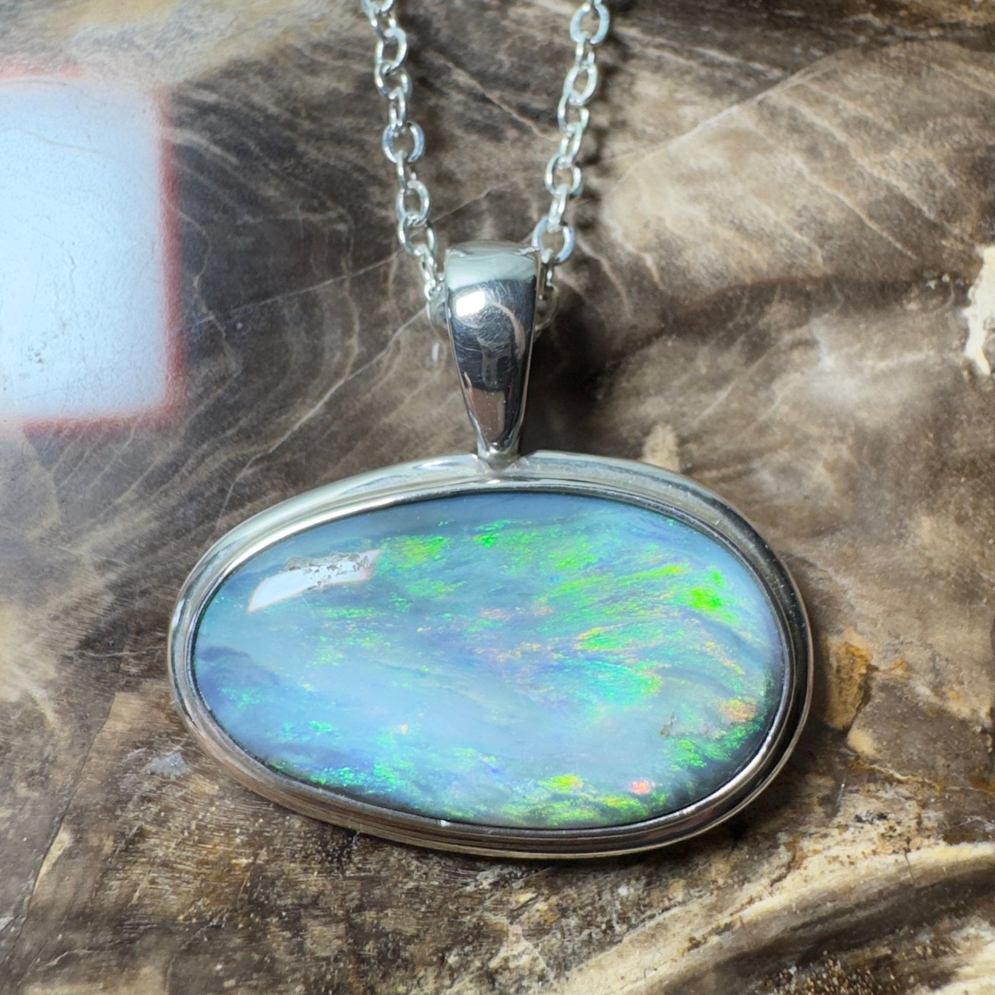 Deepwater Current ~ 9.6ct Lightning Ridge Semi Black Opal 925 Silver Pendant