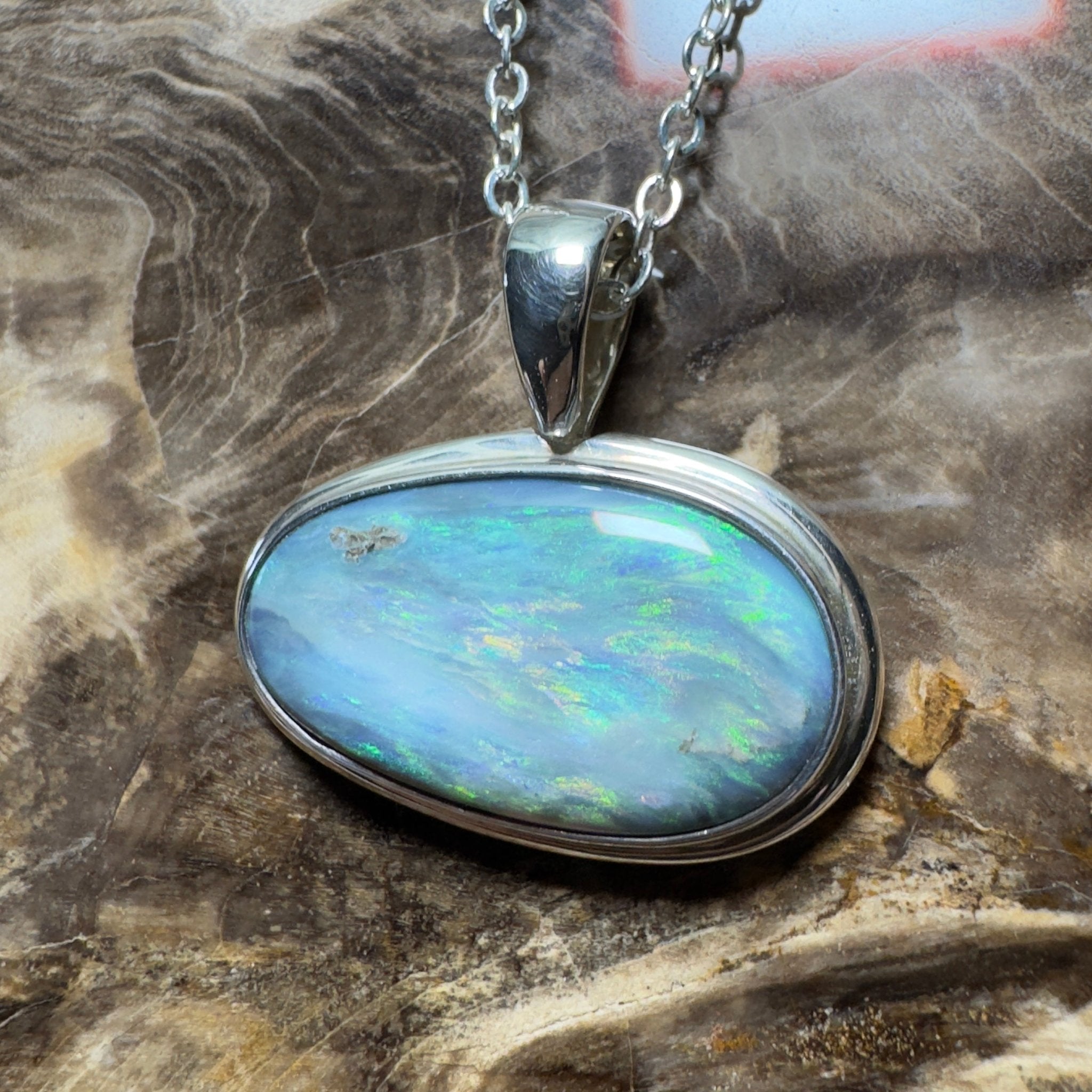 Deepwater Current ~ 9.6ct Lightning Ridge Semi Black Opal 925 Silver Pendant