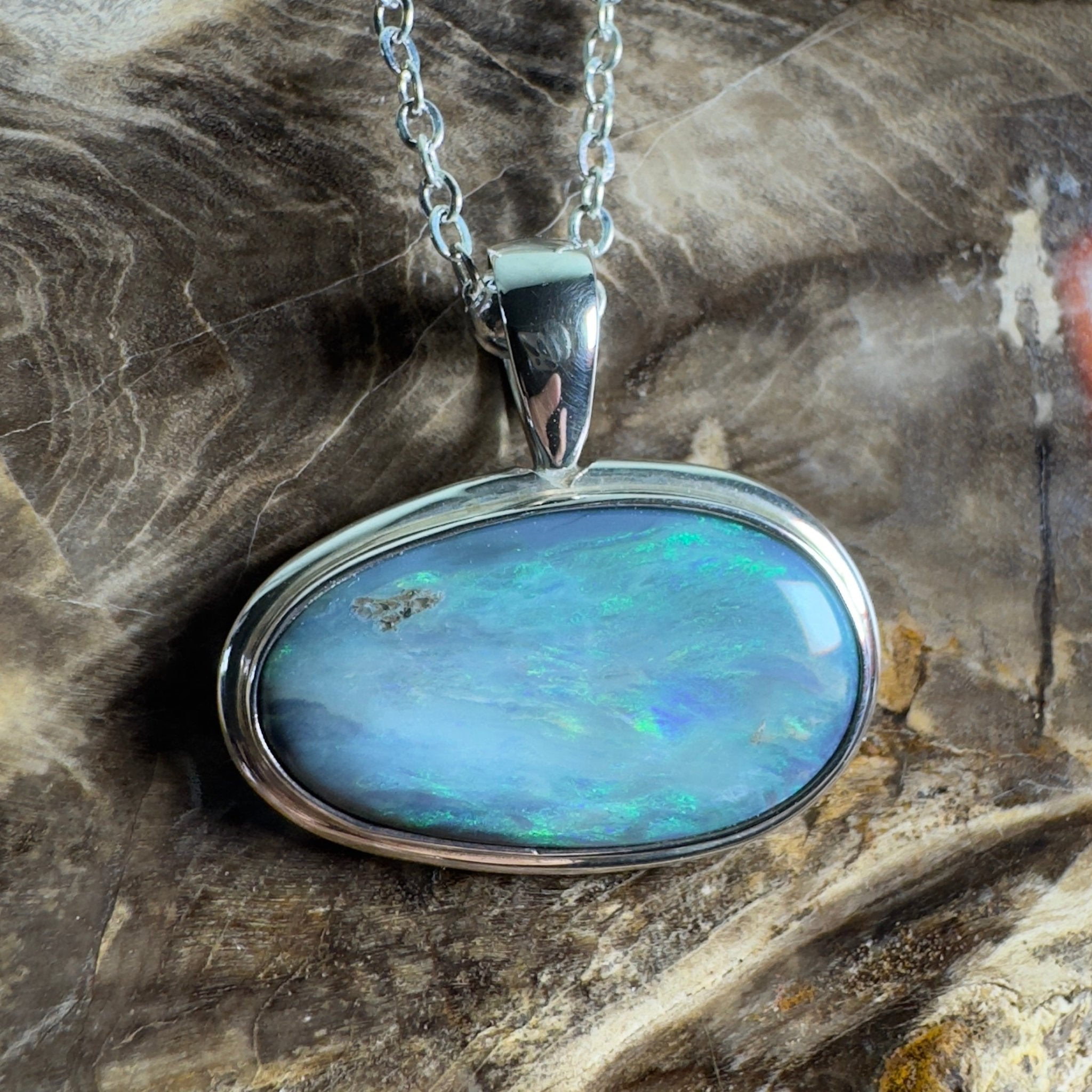 Deepwater Current ~ 9.6ct Lightning Ridge Semi Black Opal 925 Silver Pendant
