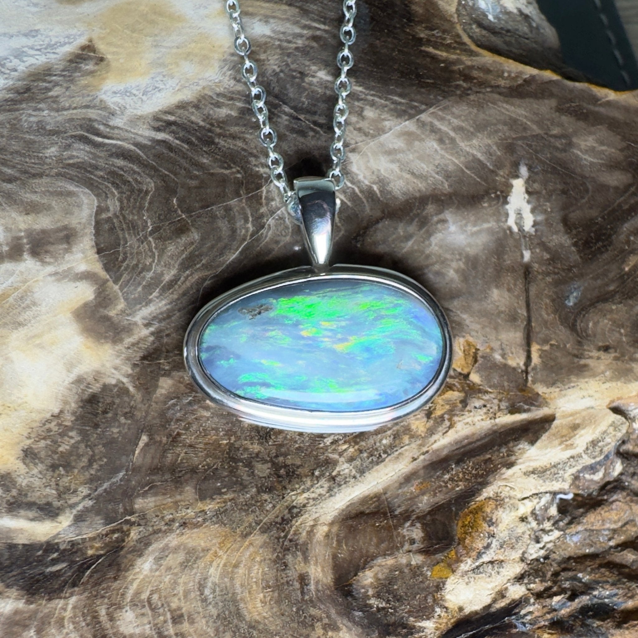 Deepwater Current ~ 9.6ct Lightning Ridge Semi Black Opal 925 Silver Pendant