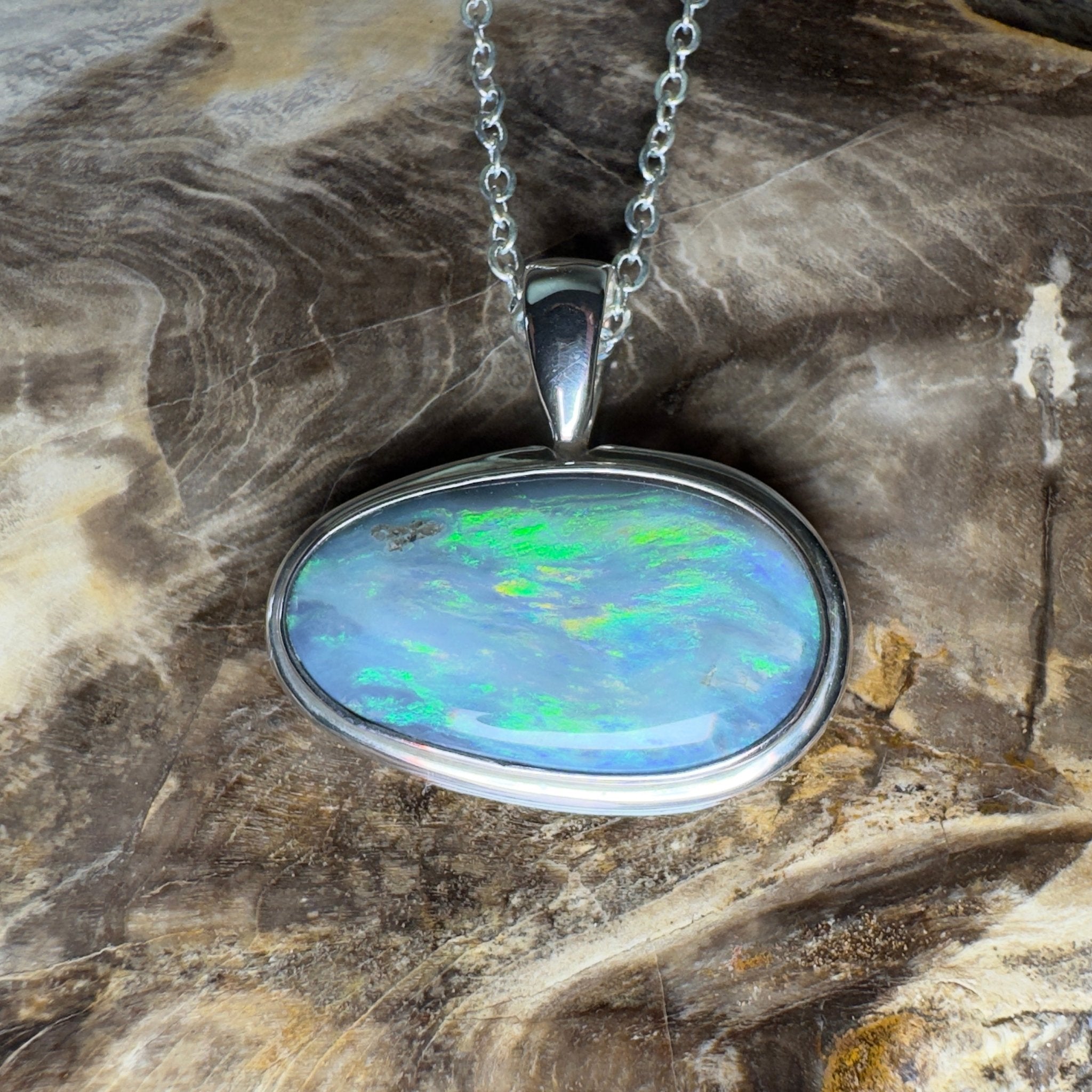 Deepwater Current ~ 9.6ct Lightning Ridge Semi Black Opal 925 Silver Pendant