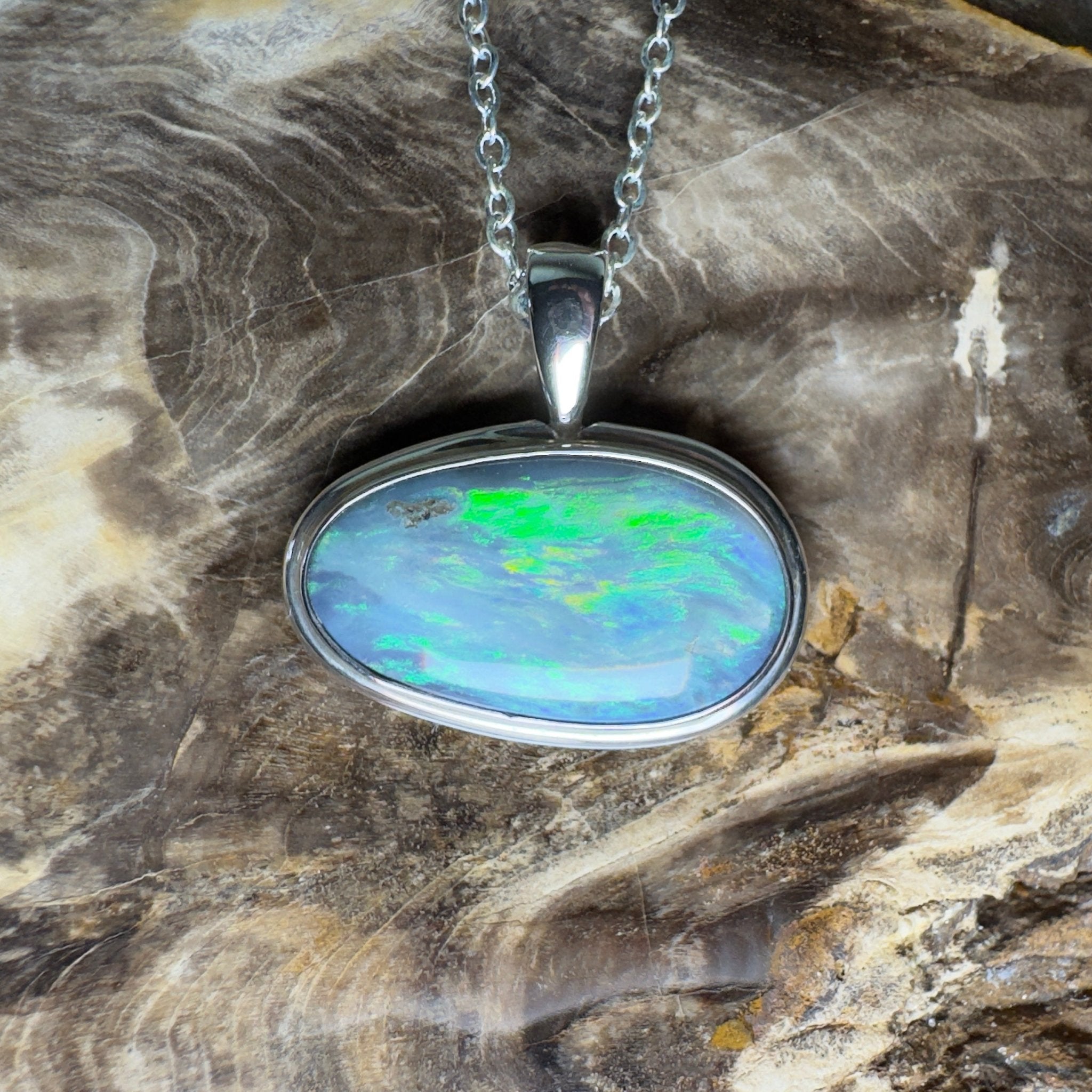 Deepwater Current ~ 9.6ct Lightning Ridge Semi Black Opal 925 Silver Pendant