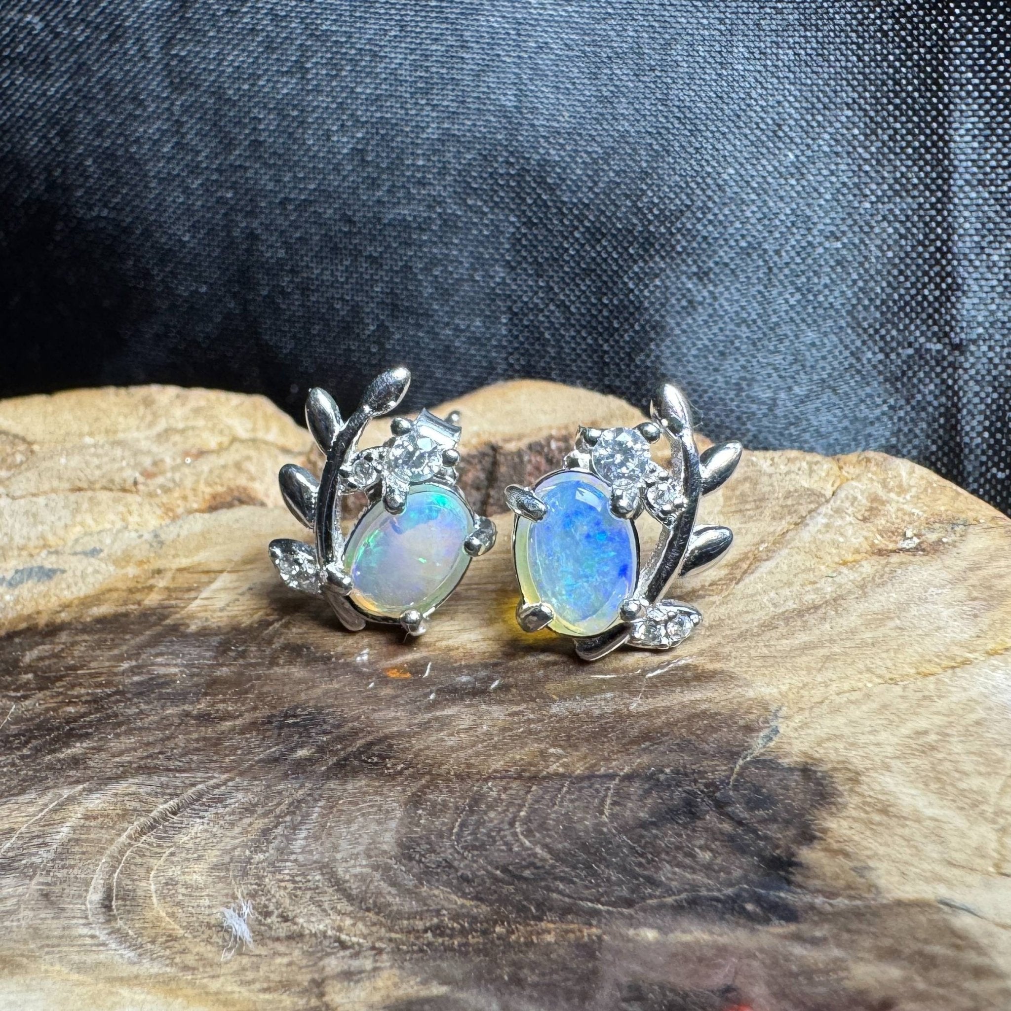 Derwent Valley Glow ~ 1.1ct Solid Lightning Ridge Opal and Cubic Zirconia 925 Silver Earrings