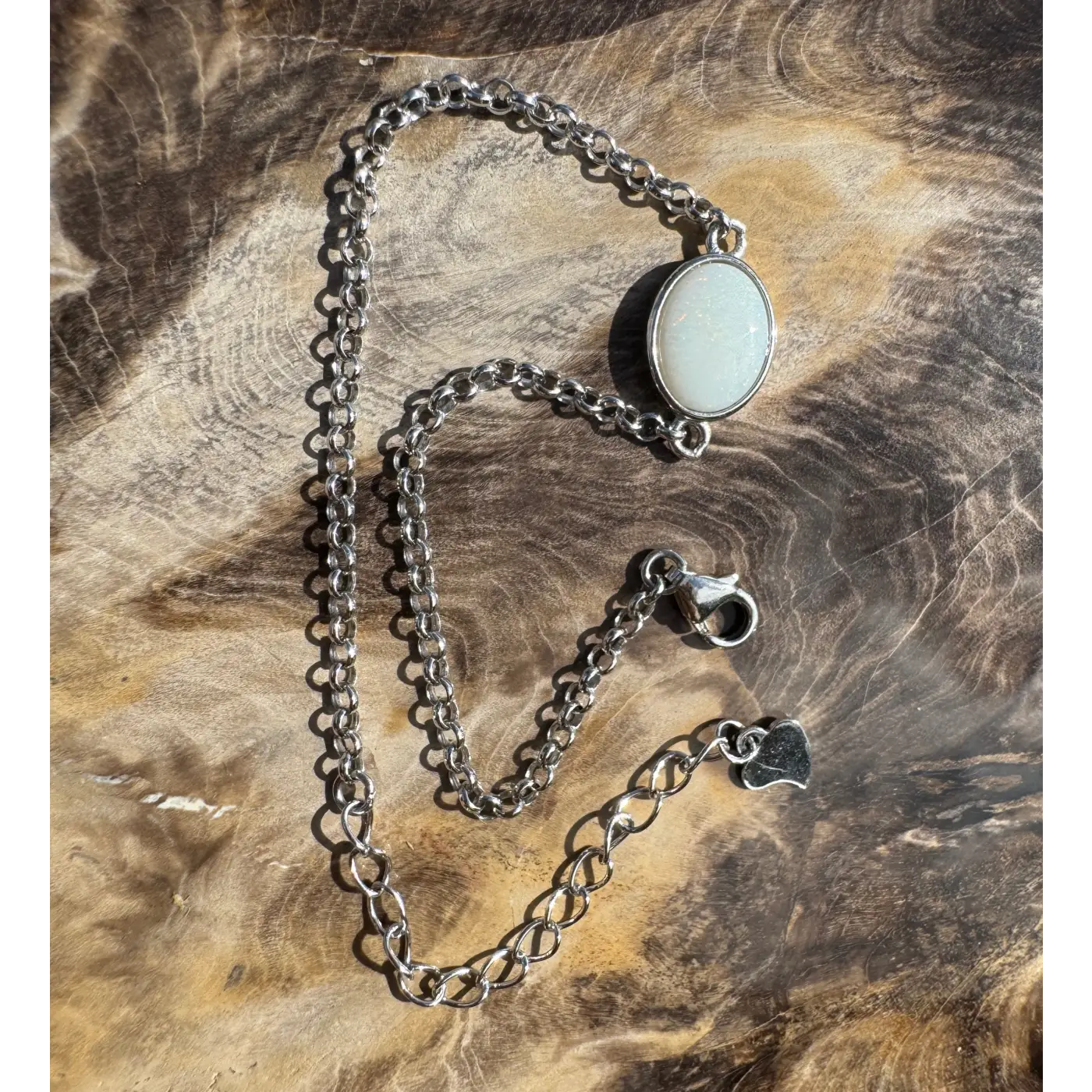 Silver chain necklace featuring a round white stone from the Desert Dawn handcrafted jewelry collection