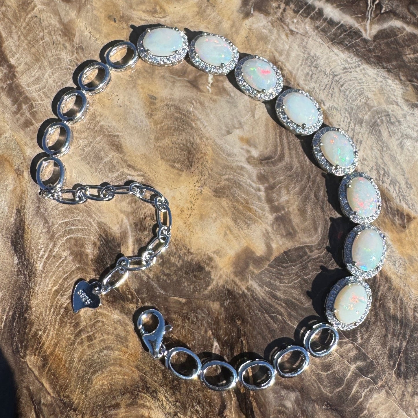 Desert Moon ~ 1ct Coober Pedy Opal and Cubic Zirconia 925 Sterling Silver Bracelet