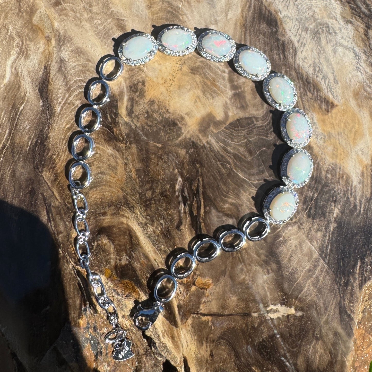 Desert Moon ~ 1ct Coober Pedy Opal and Cubic Zirconia 925 Sterling Silver Bracelet