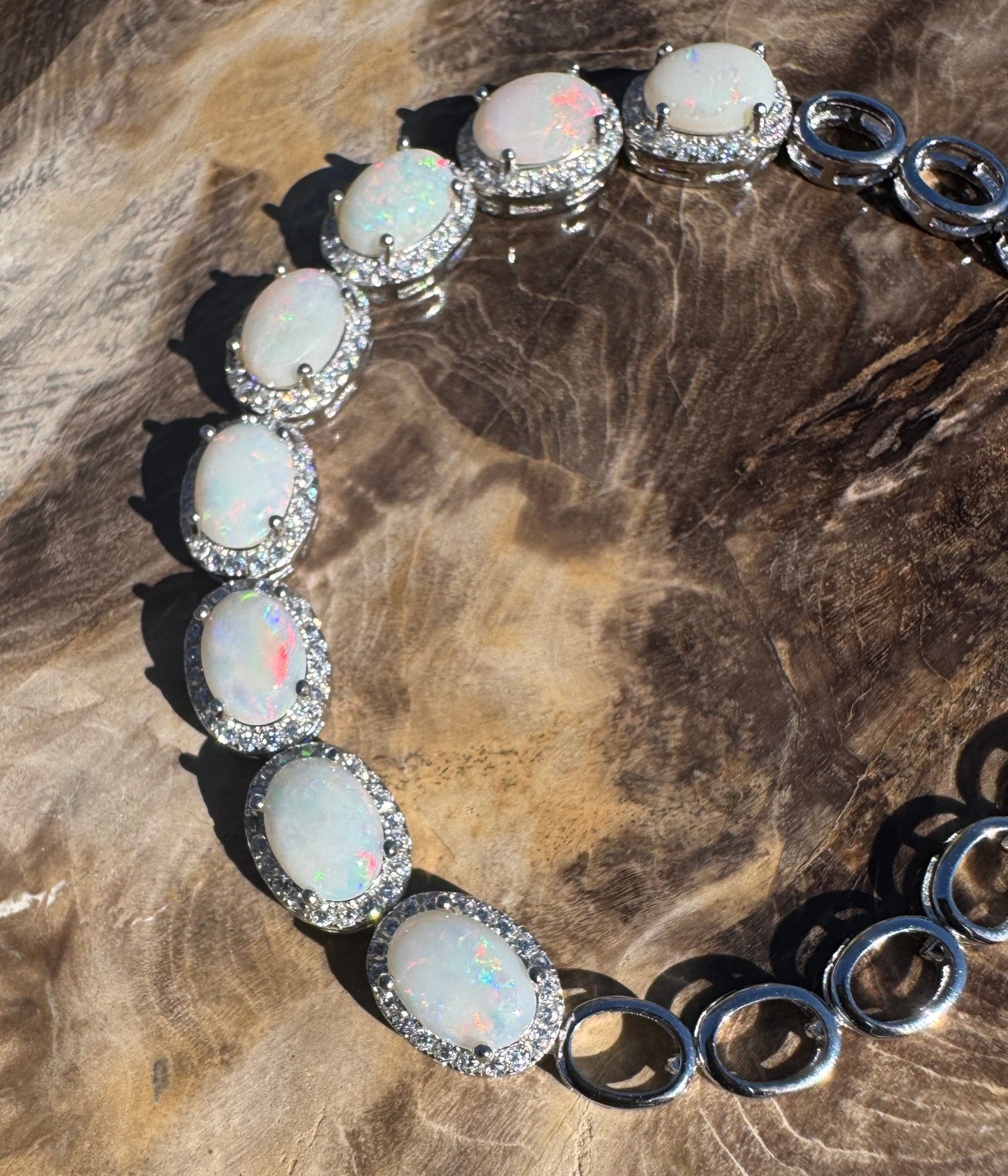 Desert Moon ~ 1ct Coober Pedy Opal and Cubic Zirconia 925 Sterling Silver Bracelet