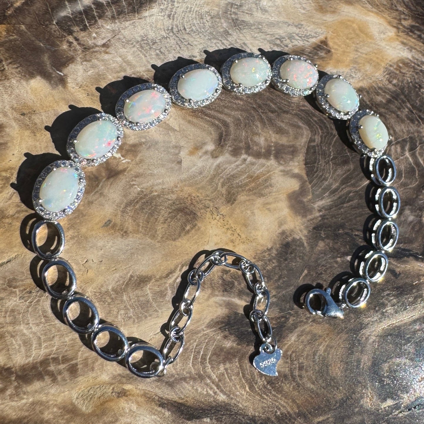 Desert Moon ~ 1ct Coober Pedy Opal and Cubic Zirconia 925 Sterling Silver Bracelet