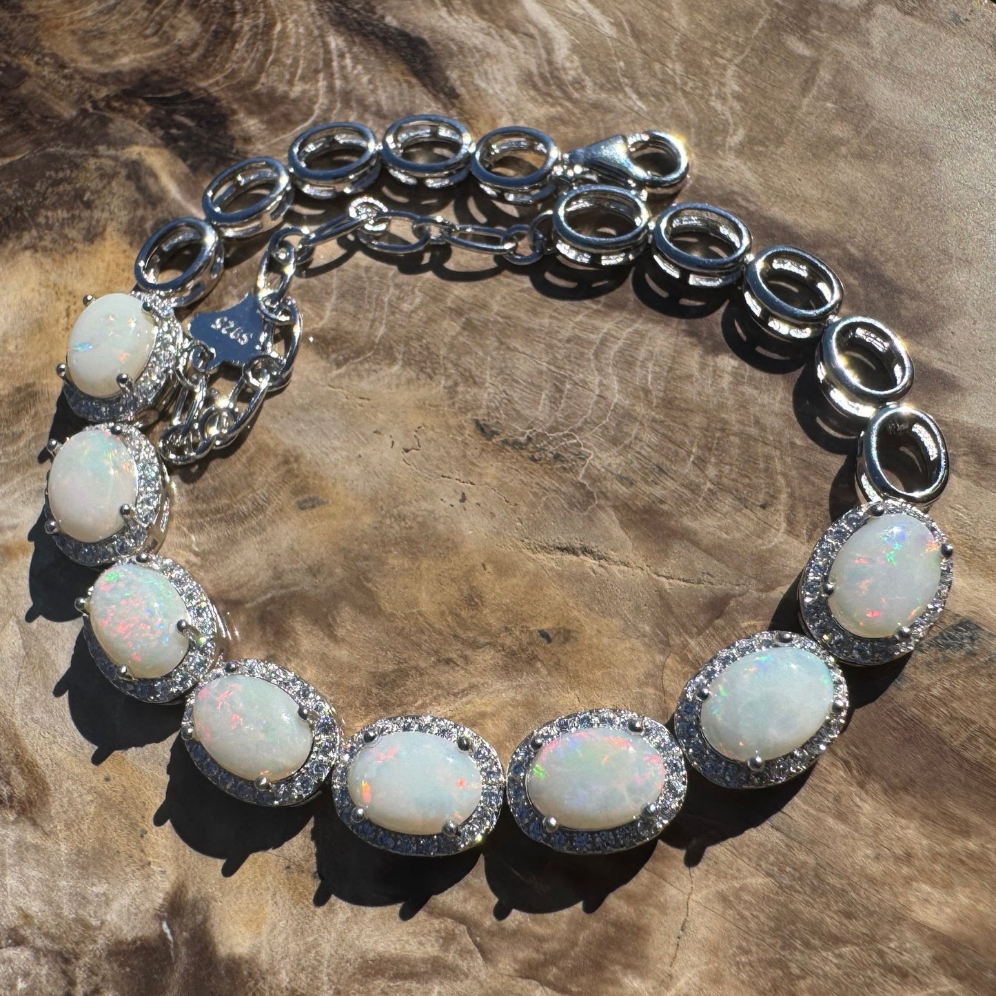 Desert Moon ~ 1ct Coober Pedy Opal and Cubic Zirconia 925 Sterling Silver Bracelet