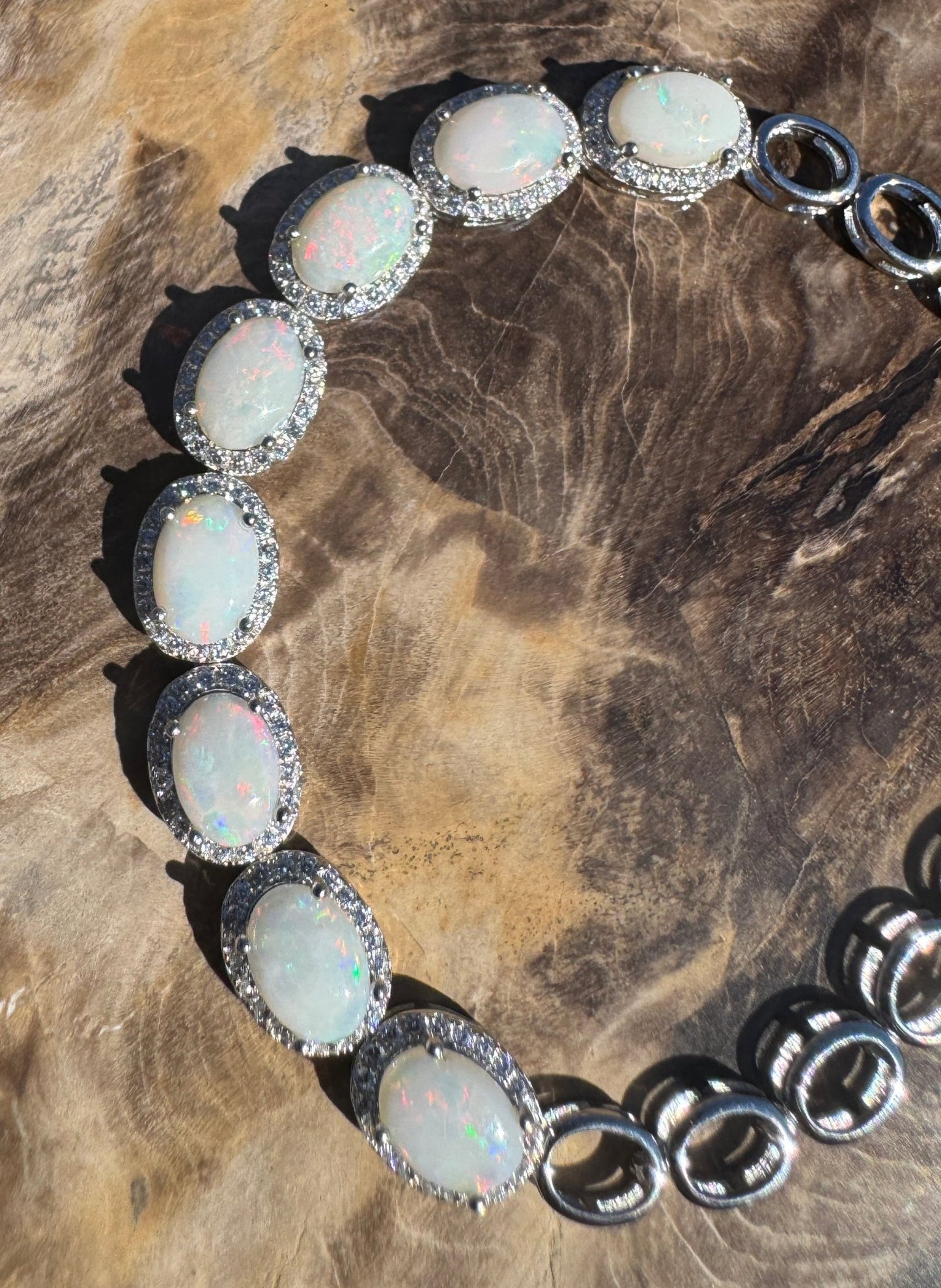 Desert Moon ~ 1ct Coober Pedy Opal and Cubic Zirconia 925 Sterling Silver Bracelet
