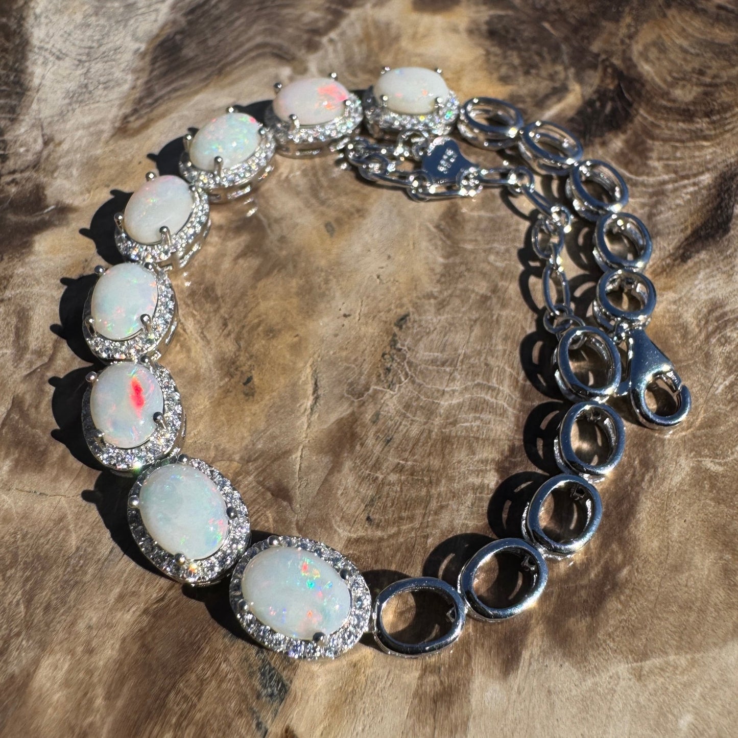 Desert Moon ~ 1ct Coober Pedy Opal and Cubic Zirconia 925 Sterling Silver Bracelet