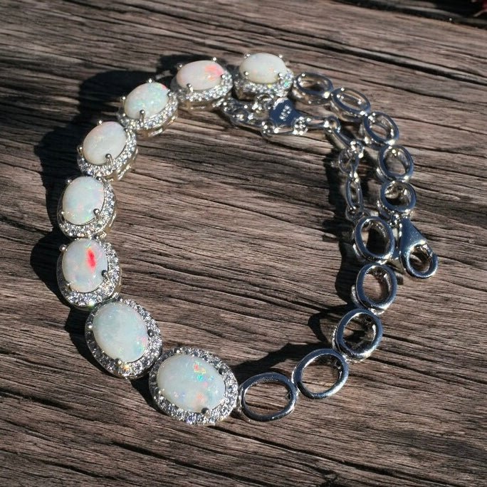 Desert Moon ~ 1ct Coober Pedy Opal and Cubic Zirconia 925 Sterling Silver Bracelet
