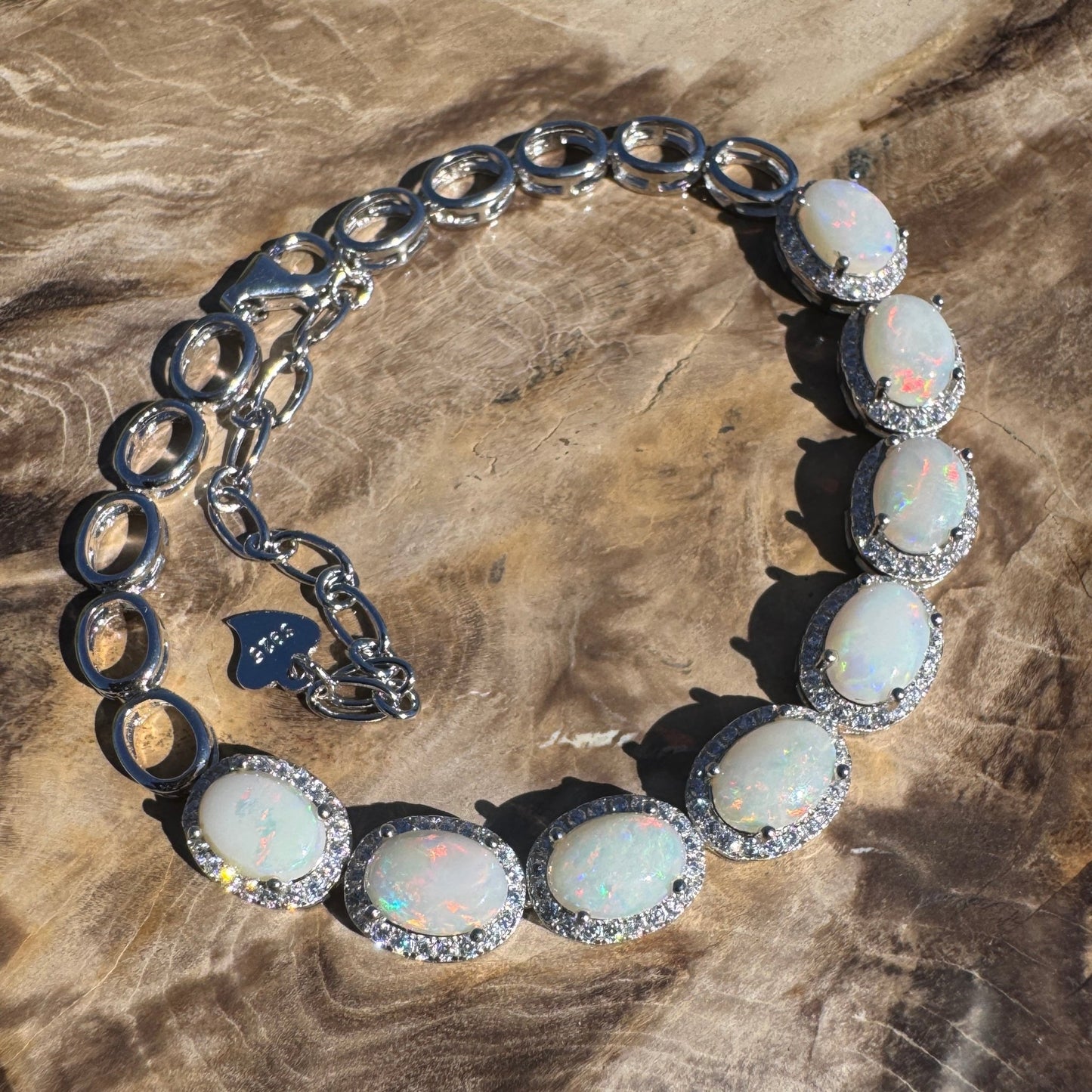 Desert Moon ~ 1ct Coober Pedy Opal and Cubic Zirconia 925 Sterling Silver Bracelet