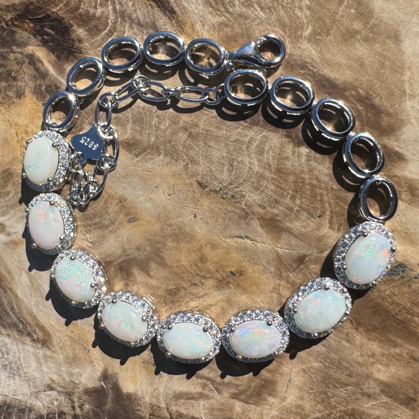 Desert Moon ~ 1ct Coober Pedy Opal and Cubic Zirconia 925 Sterling Silver Bracelet