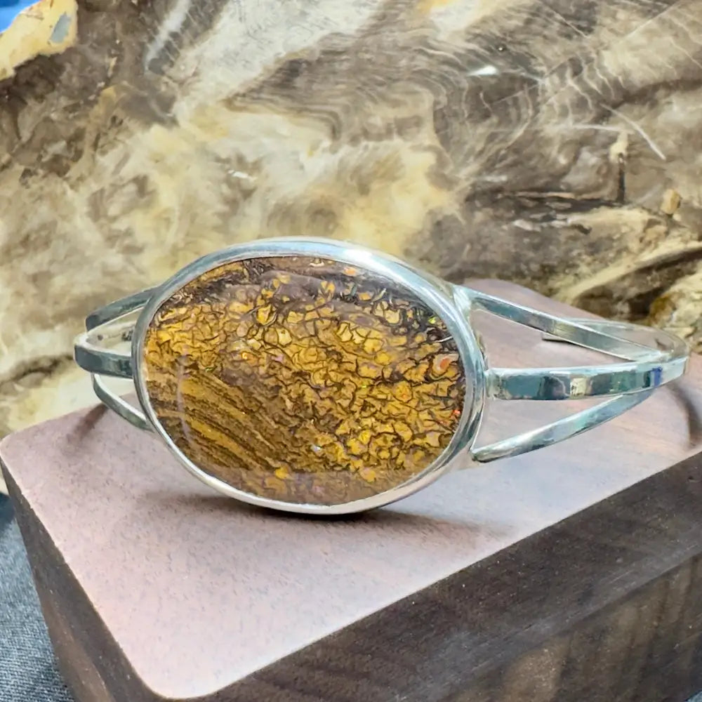 Silver bracelet with brown patterned stone.