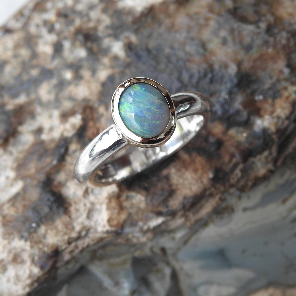 Desert Sky Glow - 1ct Solid Lightning Ridge Black Opal Two - Tone 10k Gold and 925 Silver Ring