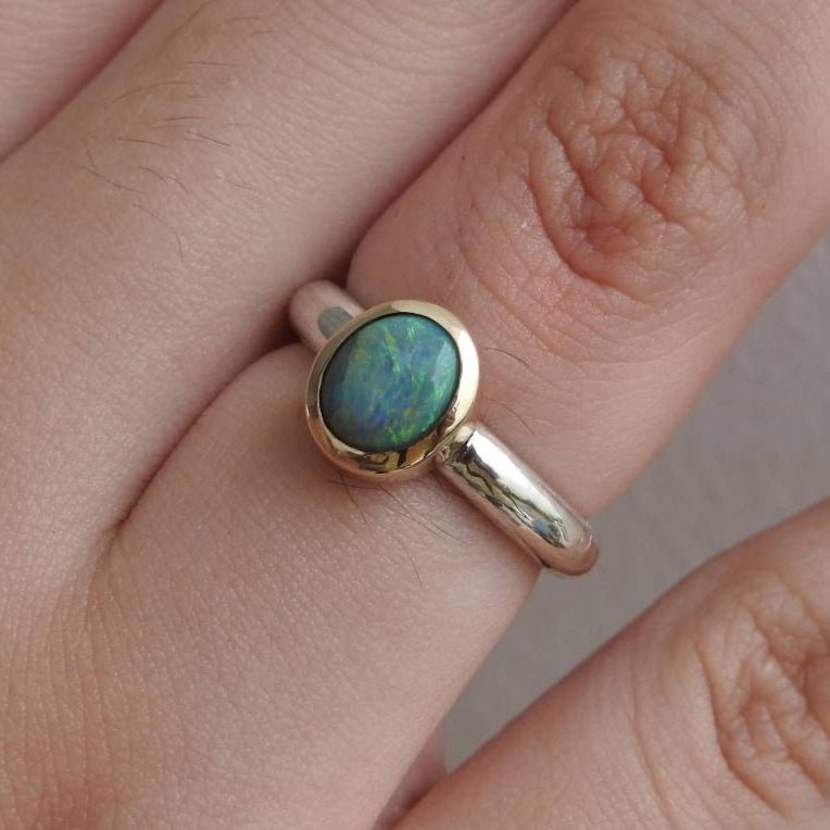 Desert Sky Glow - 1ct Solid Lightning Ridge Black Opal Two - Tone 10k Gold and 925 Silver Ring