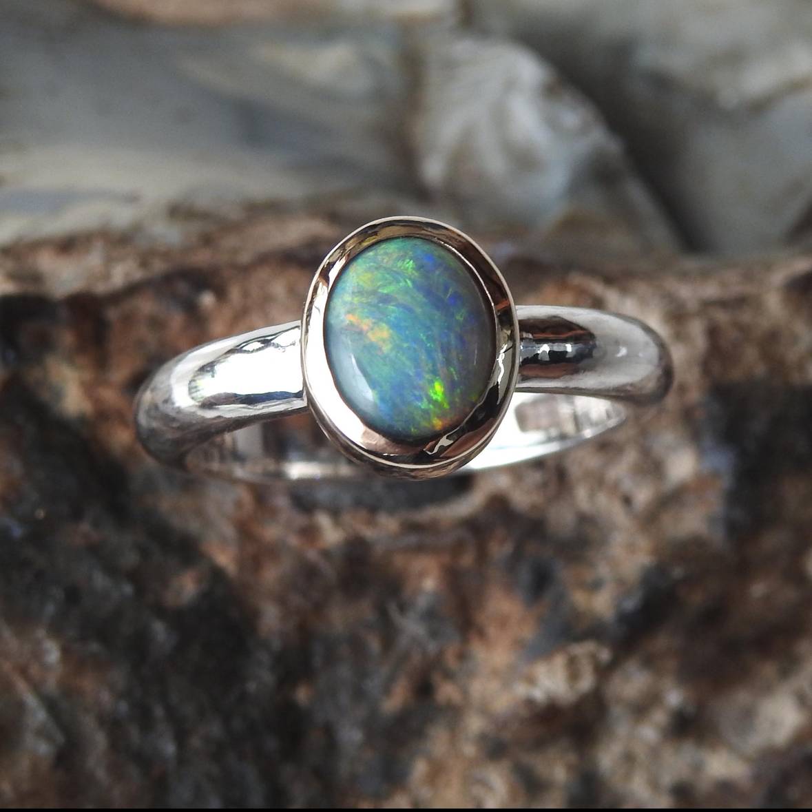 Desert Sky Glow - 1ct Solid Lightning Ridge Black Opal Two - Tone 10k Gold and 925 Silver Ring
