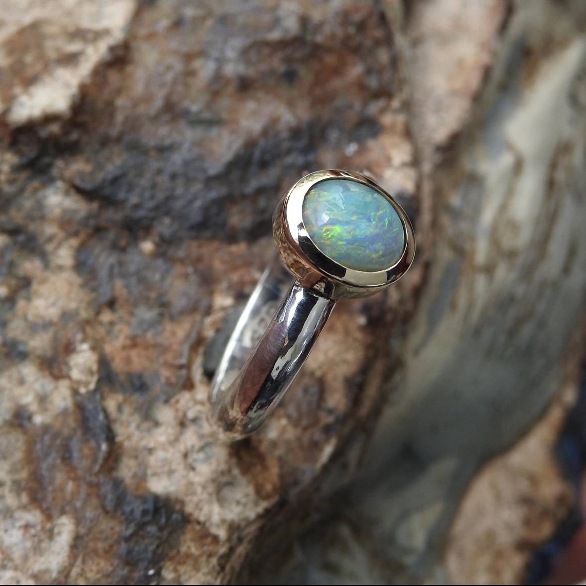 Desert Sky Glow - 1ct Solid Lightning Ridge Black Opal Two - Tone 10k Gold and 925 Silver Ring