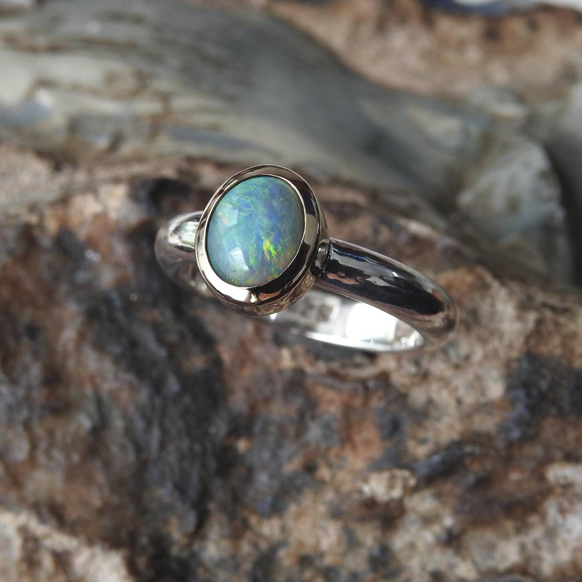 Desert Sky Glow - 1ct Solid Lightning Ridge Black Opal Two - Tone 10k Gold and 925 Silver Ring