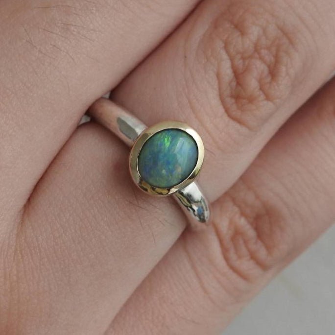 Desert Sky Glow - 1ct Solid Lightning Ridge Black Opal Two - Tone 10k Gold and 925 Silver Ring