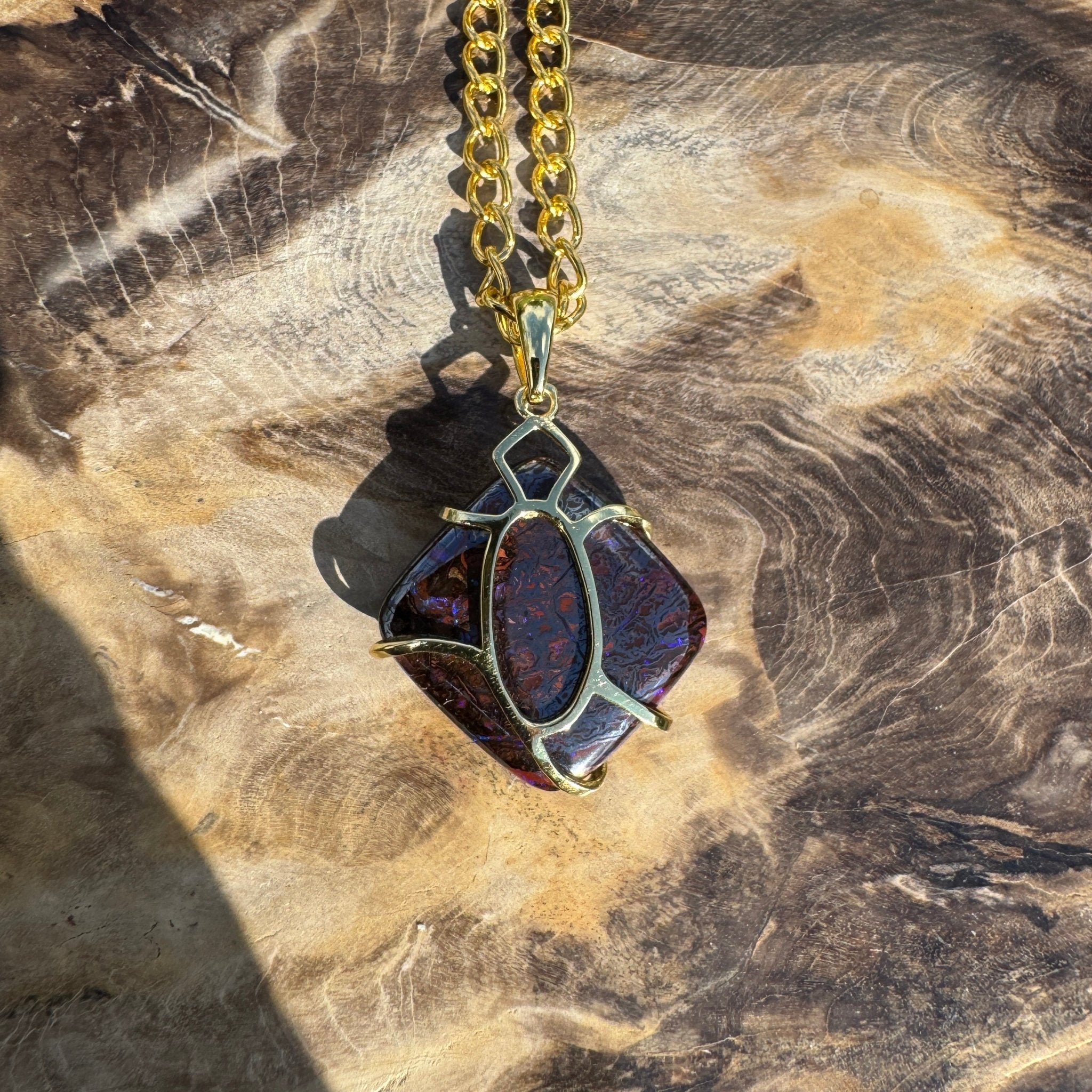 Earthbound Glow ~ 11ct Solid Queensland Boulder Opal Gold Plated 925 Sterling Silver Pendant Necklace