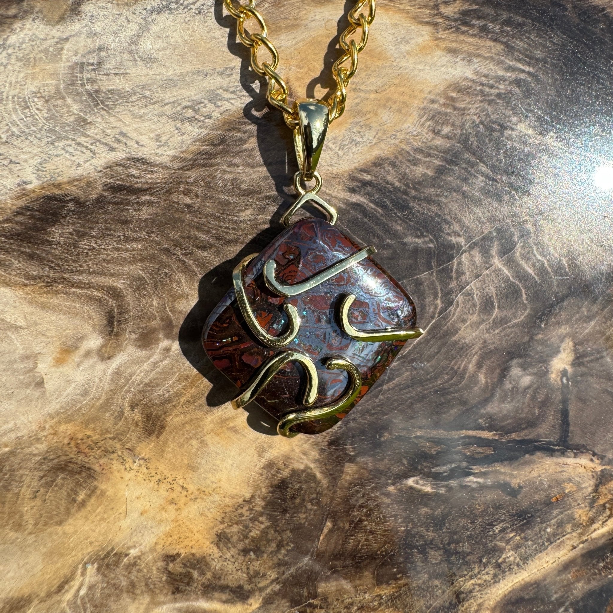 Earthbound Glow ~ 11ct Solid Queensland Boulder Opal Gold Plated 925 Sterling Silver Pendant Necklace