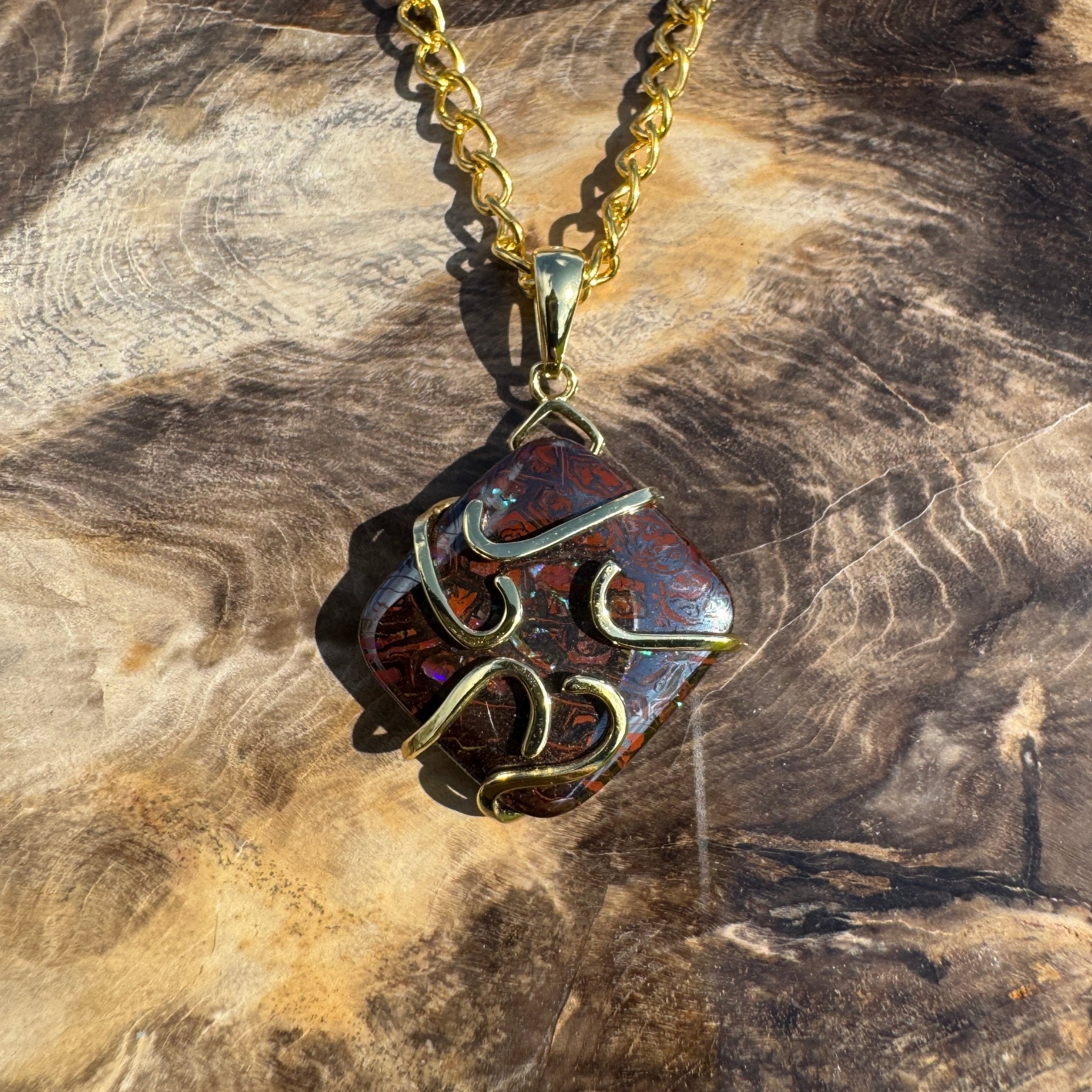 Earthbound Glow ~ 11ct Solid Queensland Boulder Opal Gold Plated 925 Sterling Silver Pendant Necklace