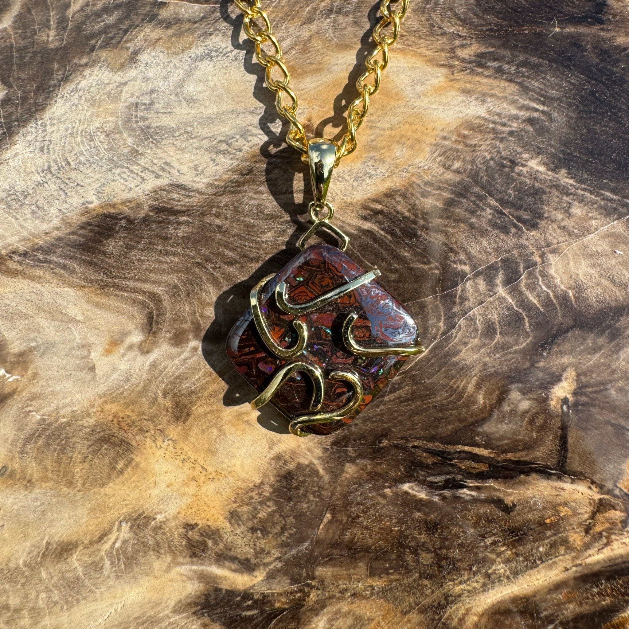 Earthbound Glow ~ 11ct Solid Queensland Boulder Opal Gold Plated 925 Sterling Silver Pendant Necklace