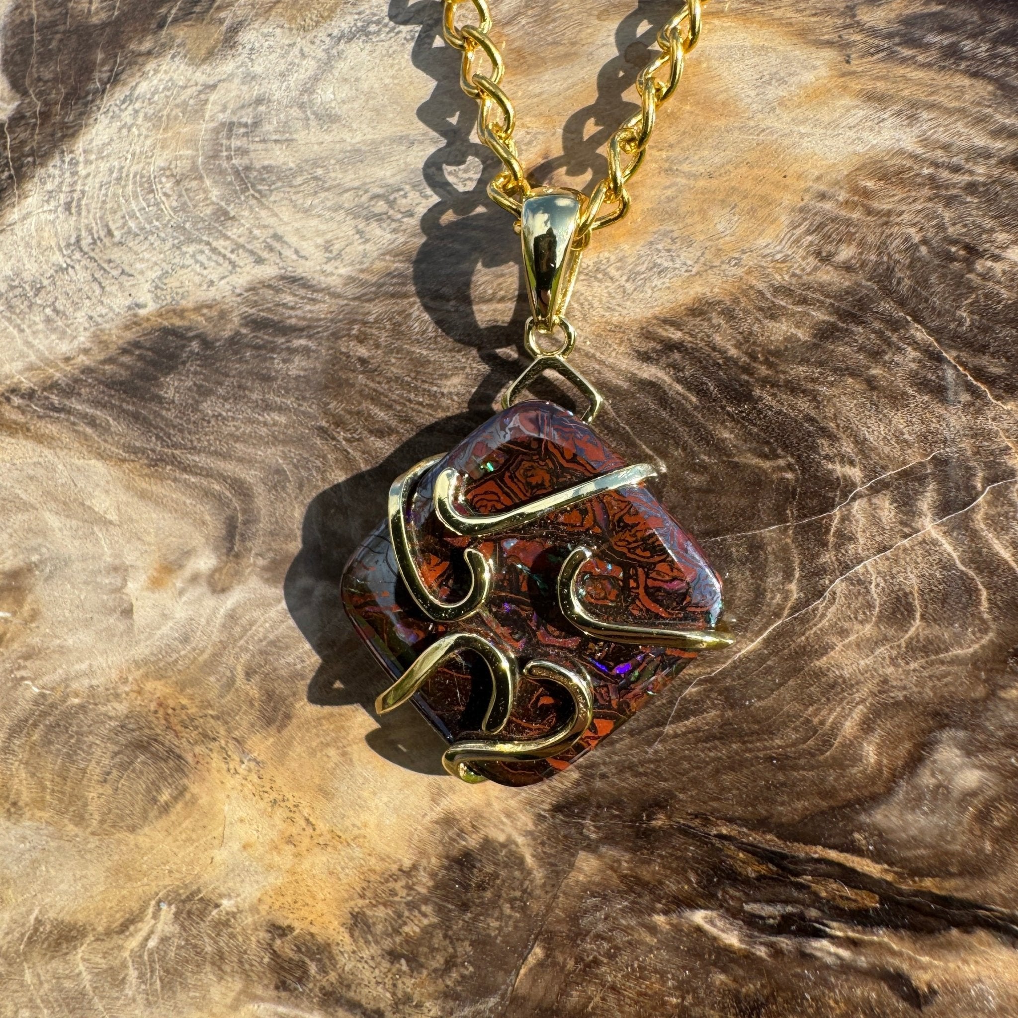 Earthbound Glow ~ 11ct Solid Queensland Boulder Opal Gold Plated 925 Sterling Silver Pendant Necklace