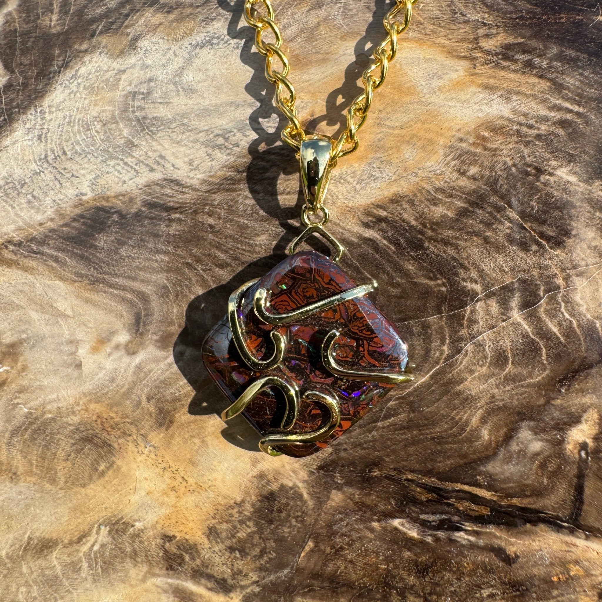 Earthbound Glow ~ 11ct Solid Queensland Boulder Opal Gold Plated 925 Sterling Silver Pendant Necklace