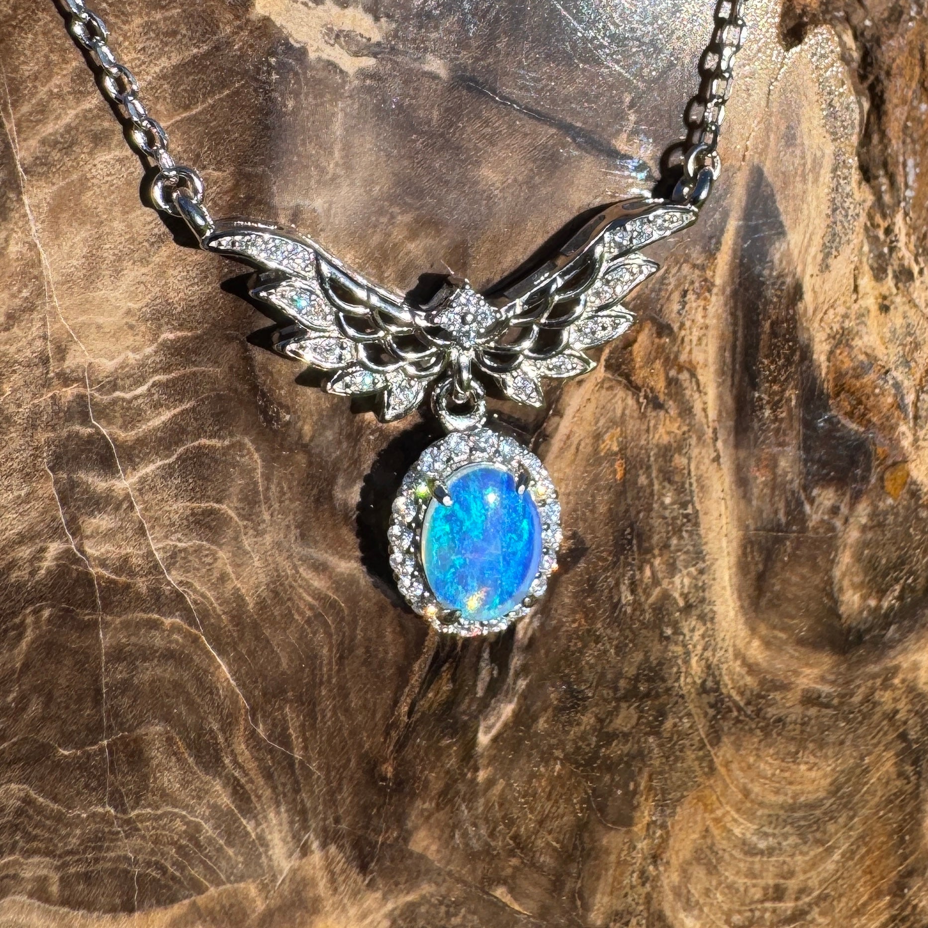 Eden Whisper ~ 1.1ct Solid Lightning Ridge and Cubic Zirconia 925 Sterling Silver Necklace