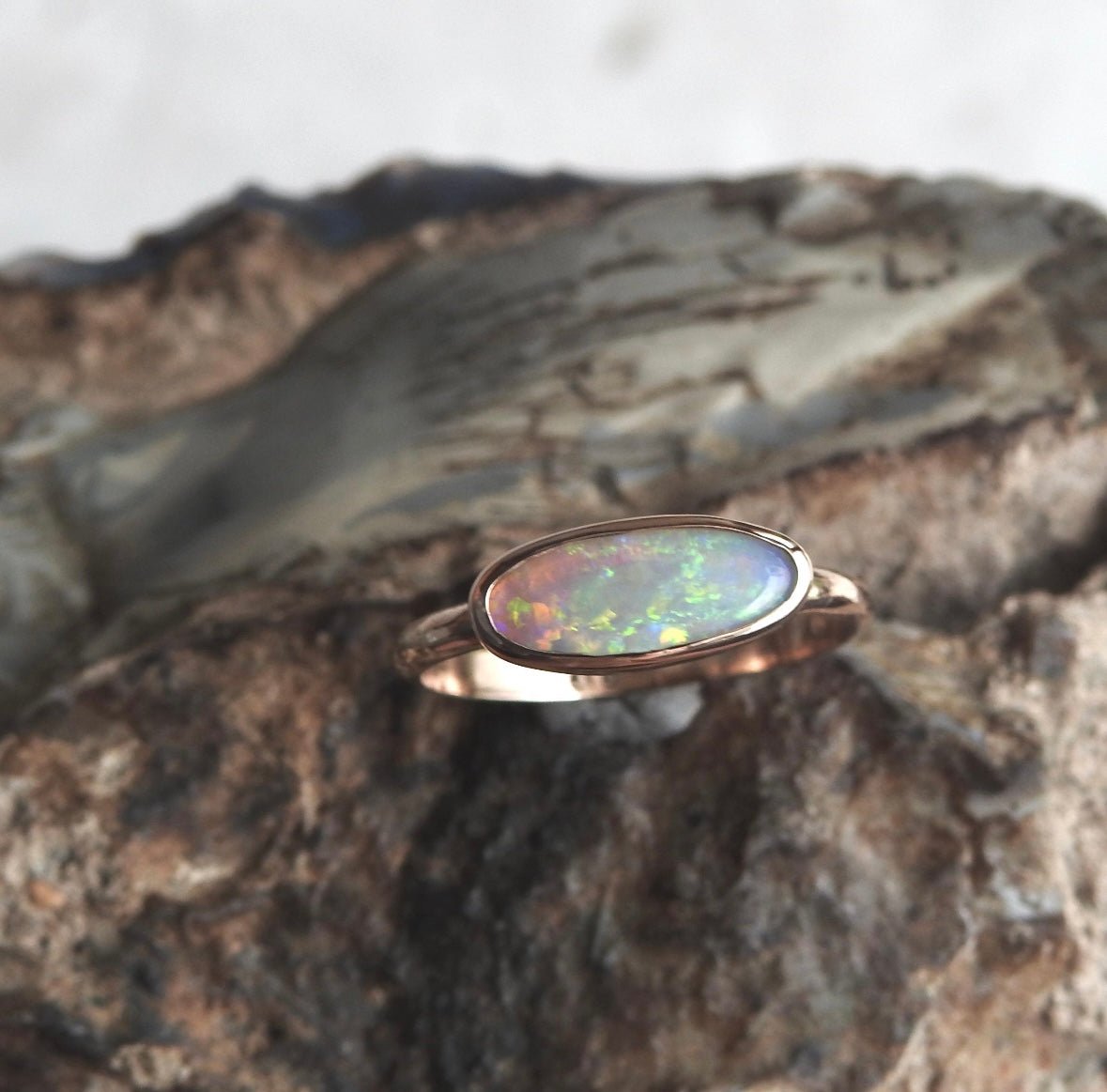 Ellis Flame ~ 0.8ct Solid Lightning Ridge Crystal Opal 9ct Solid Rose Gold Ring