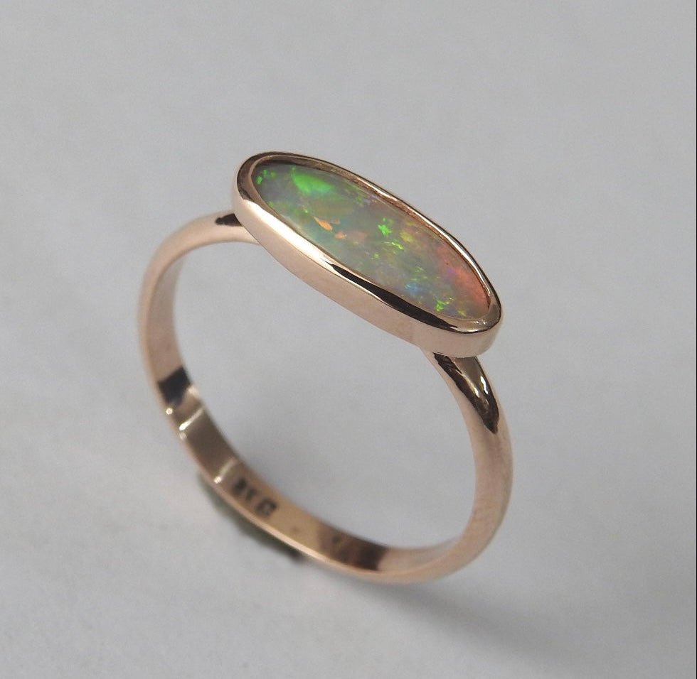 Ellis Flame ~ 0.8ct Solid Lightning Ridge Crystal Opal 9ct Solid Rose Gold Ring