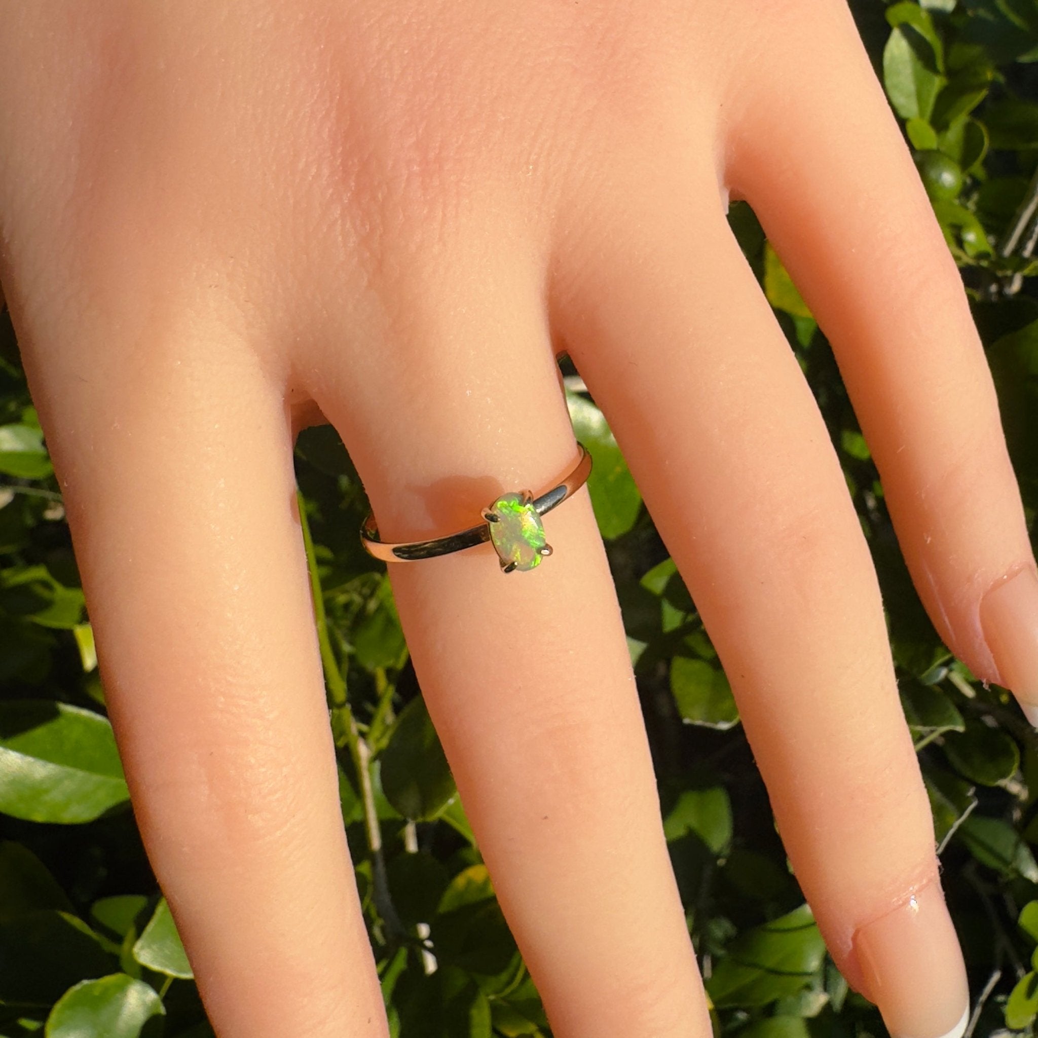 Emerald Billabong ~ 0.8ct Solid Lightning Ridge Crystal Opal 9ct Yellow Gold Ring