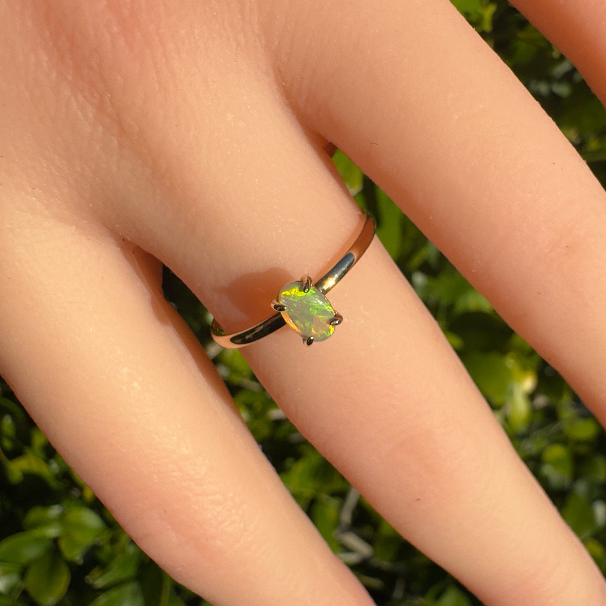 Emerald Billabong ~ 0.8ct Solid Lightning Ridge Crystal Opal 9ct Yellow Gold Ring