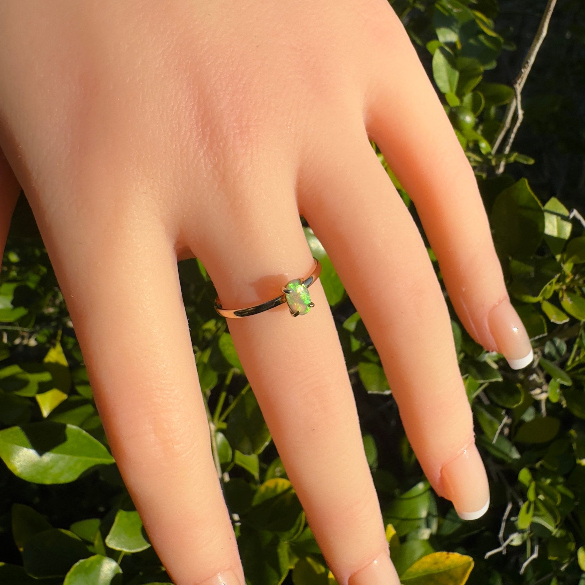 Emerald Billabong ~ 0.8ct Solid Lightning Ridge Crystal Opal 9ct Yellow Gold Ring