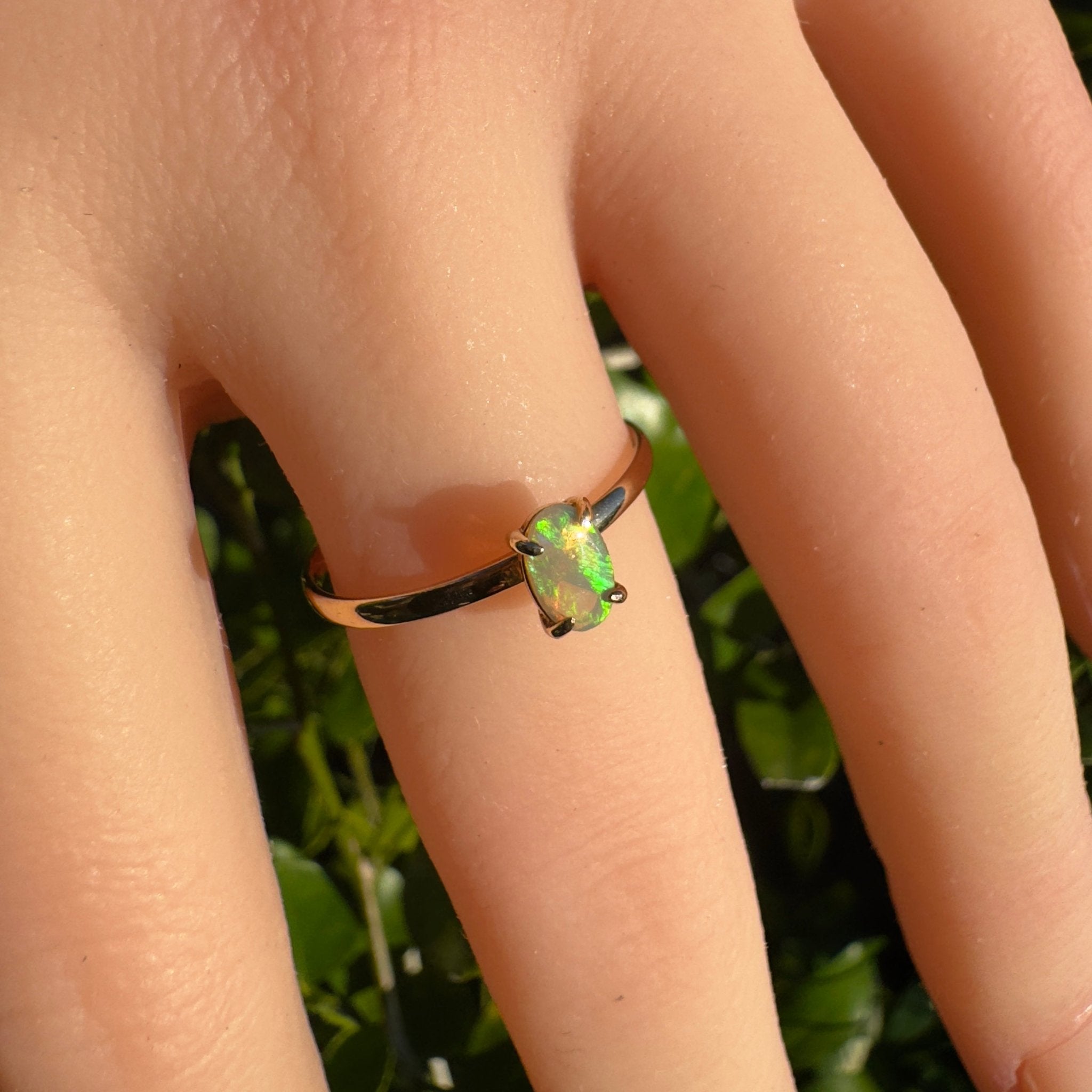 Emerald Billabong ~ 0.8ct Solid Lightning Ridge Crystal Opal 9ct Yellow Gold Ring